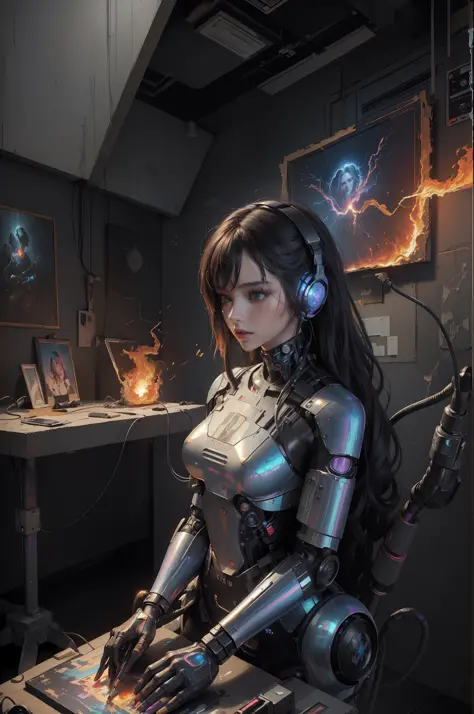 (masterpiece, best quality, highres, absurdres, detailed:1.2), humanoid, robot, wearing headphones, looking away, (cyberpunk, ar...