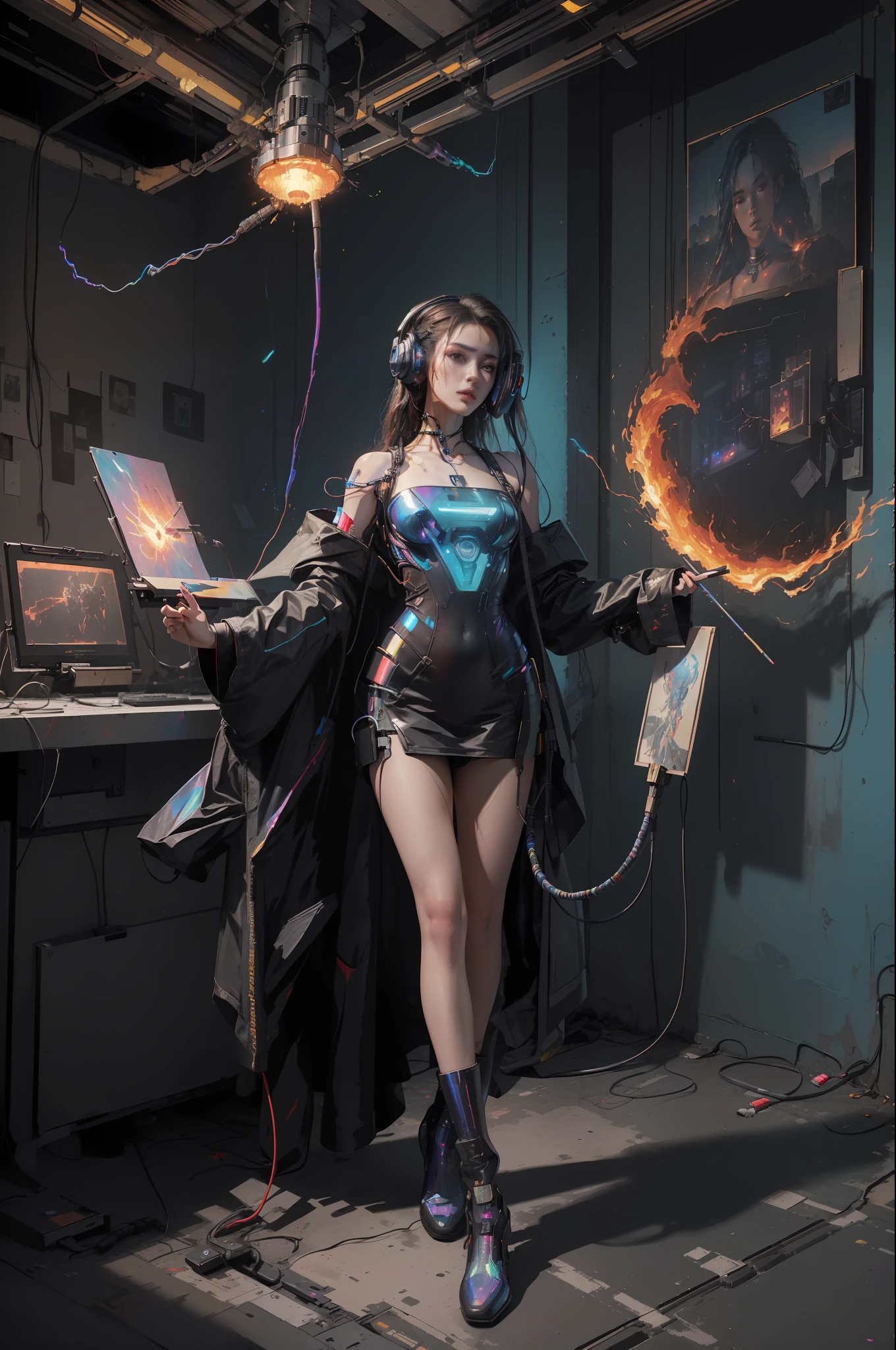 (masterpiece, best quality, highres, absurdres, detailed:1.2), humanoid, robot, wearing headphones, looking away, (cyberpunk, art canvas, paint brush, easel, iridescent, holographic: 1.6), (cables, wires, flames, fire, smoke, overheat, explosion, indoors, room, simple background)