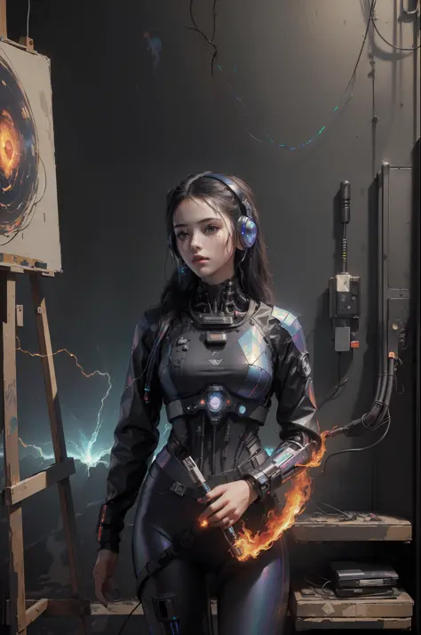 (masterpiece, best quality, highres, absurdres, detailed:1.2), humanoid, robot, wearing headphones, looking away, (cyberpunk, ar...