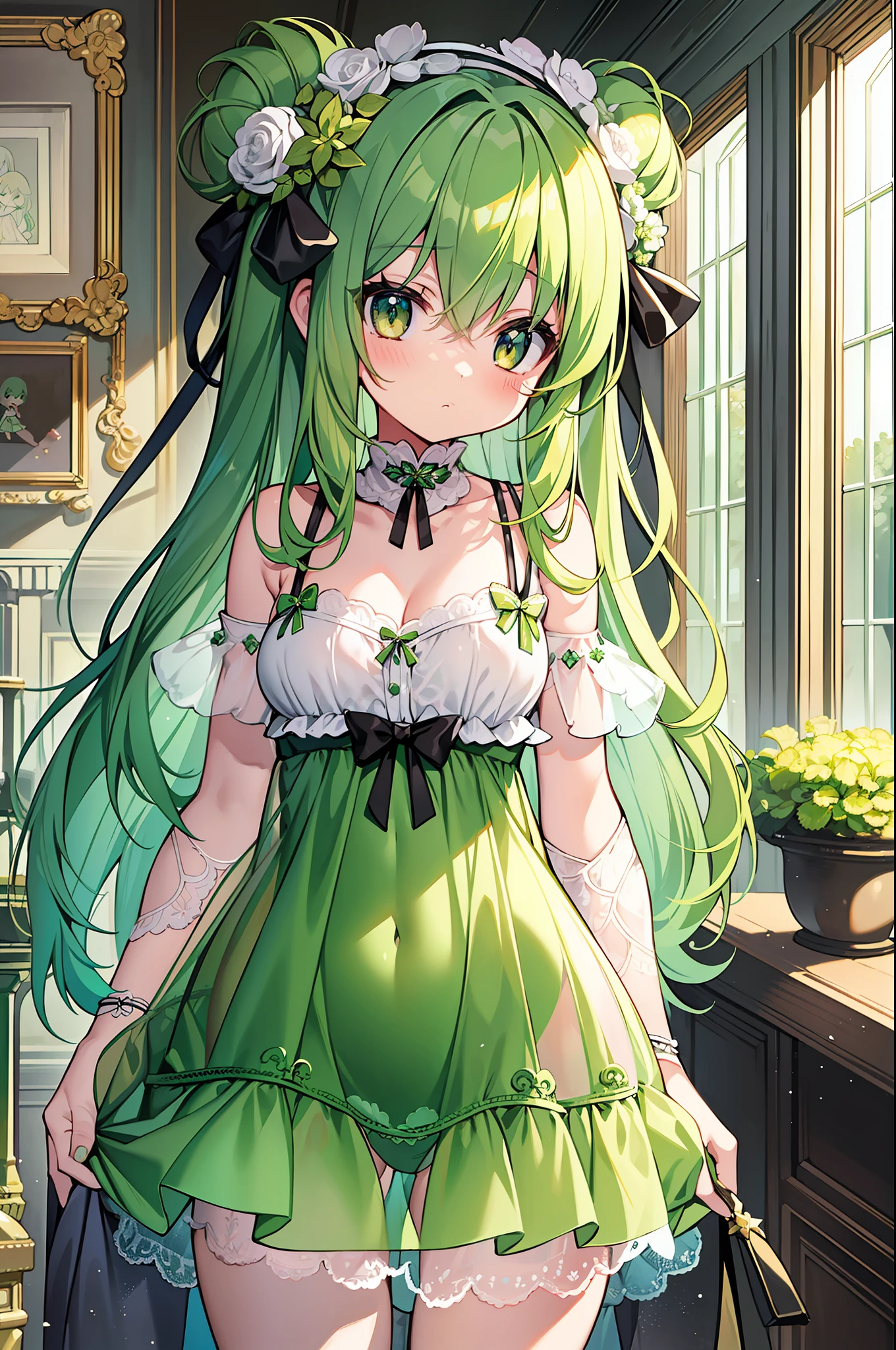 (MASTERPIECE), (Best Quality), (Super Detail), Official Art, One Girl, Lori with Pale Green Hair, Petite Little Girl, Loli, Green and White See-Through Dress, Sleeveless, Off Shoulder, Small, Very Small, Small, Cleavage, Thigh Focus, Navel, Card Illustration, Wind