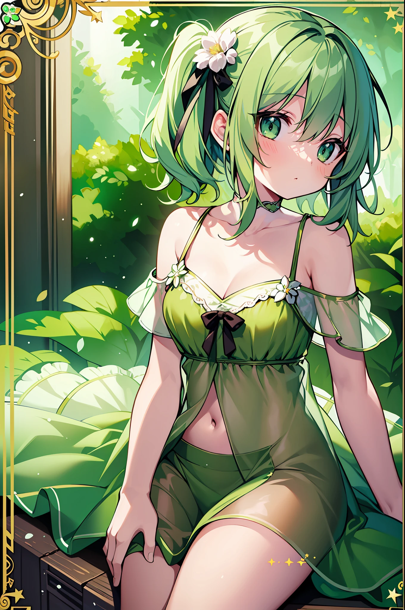 (MASTERPIECE), (Best Quality), (Super Detail), Official Art, One Girl,  with Pale Green Hair,  , , Green and White See-Through Dress, Sleeveless, Off Shoulder, Small, Very Small, Small, Cleavage, Thigh Focus, Navel, Card Illustration, Wind