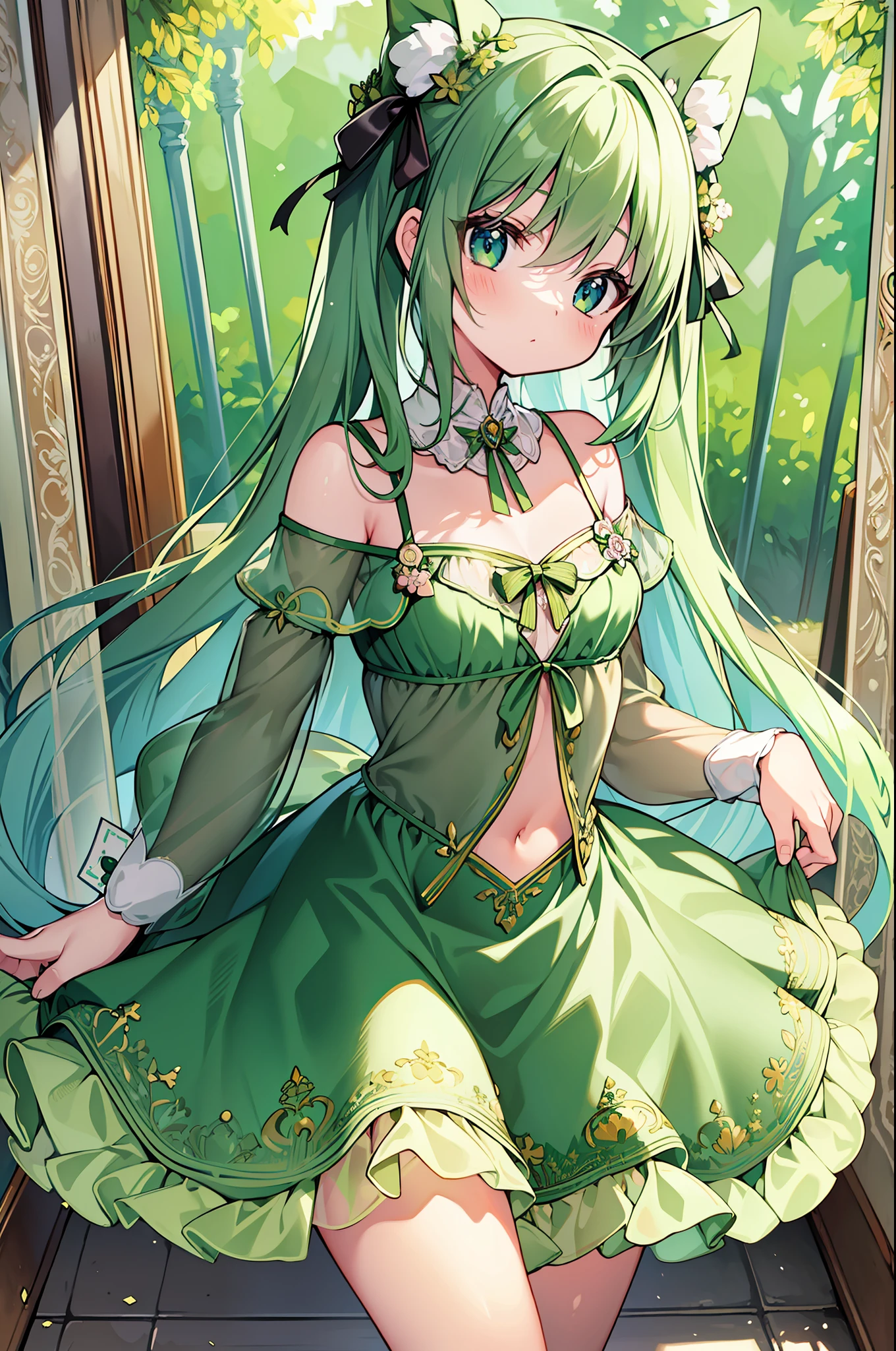 (MASTERPIECE), (Best Quality), (Super Detail), Official Art, One Girl,  with Pale Green Hair,  , , Green and White See-Through Dress, Sleeveless, Off Shoulder, Small, Very Small, Small, Cleavage, Thigh Focus, Navel, Card Illustration, Wind