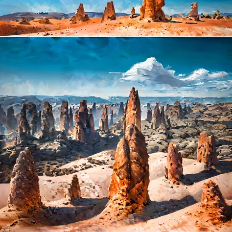 there are two pictures of a desert with a few rocks, 3 d render and matte painting, amazing alien landscape, sand and desert env...