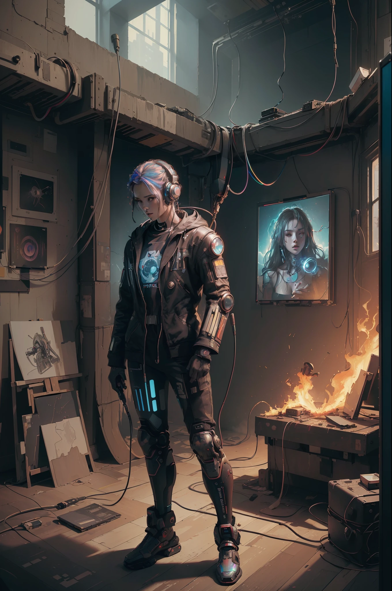 (masterpiece, best quality, highres, absurdres, detailed:1.2), humanoid, robot, wearing headphones, looking away, (cyberpunk, art canvas, paint brush, easel, iridescent, holographic: 1.6), (cables, wires, flames, fire, smoke, overheat, explosion, indoors, room, simple background)