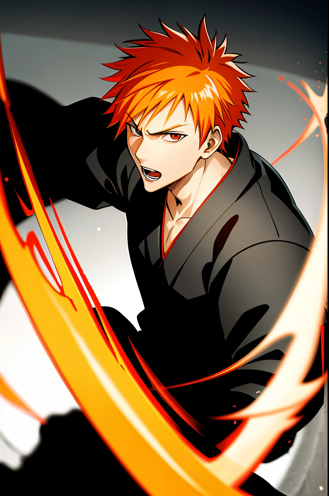 ichigo/Bleach/,short orange hair,black kimono,close up,ultra detailed face,best quality,city background