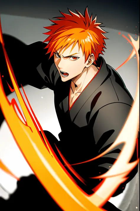 ichigo/bleach/,short orange hair,black kimono,close up,ultra detailed face,best quality,city background