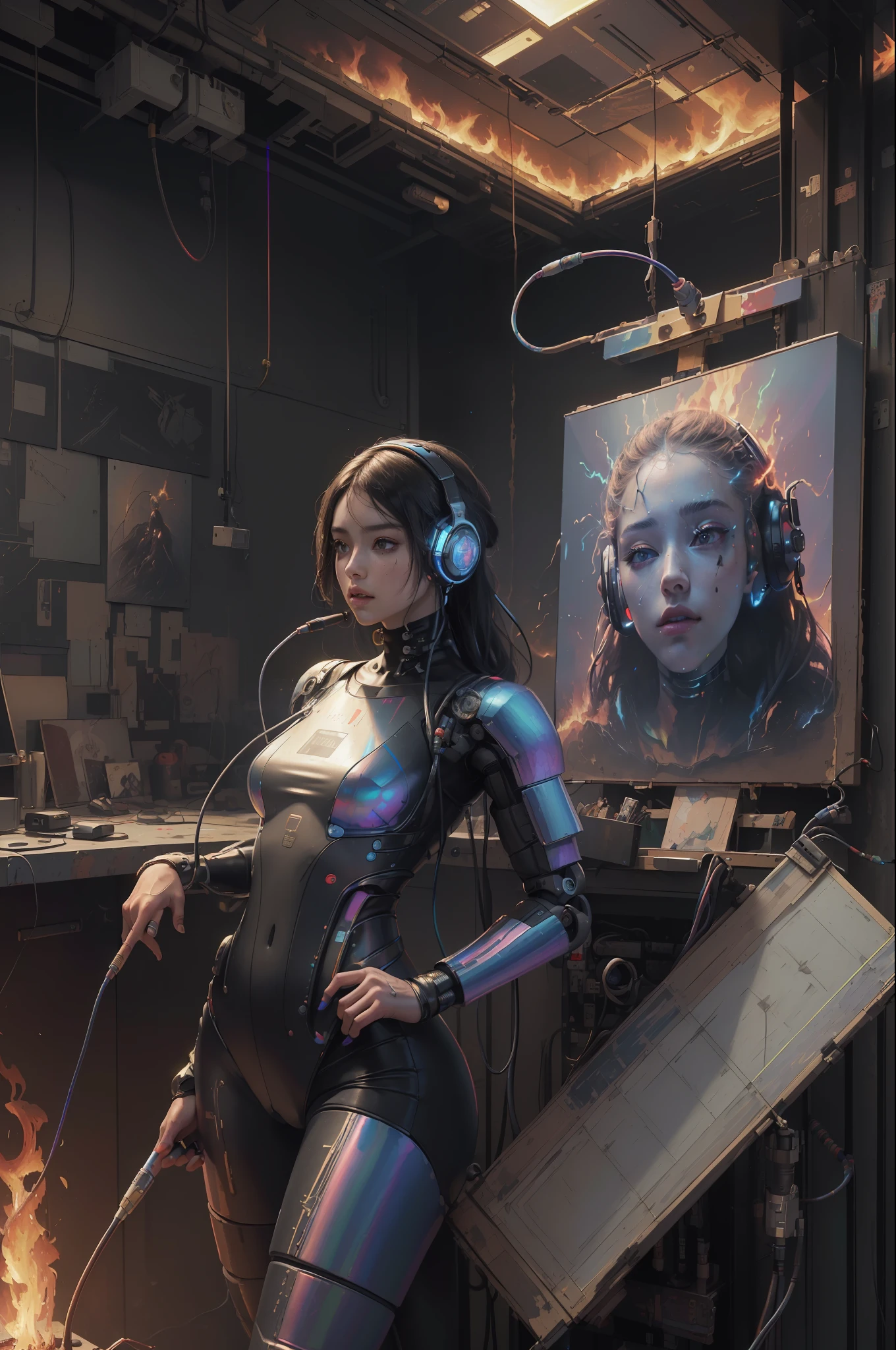 (masterpiece, best quality, highres, absurdres, detailed:1.2), humanoid, robot, wearing headphones, looking away, (cyberpunk, art canvas, paint brush, easel, iridescent, holographic: 1.6), (cables, wires, flames, fire, smoke, overheat, explosion, indoors, room, simple background)