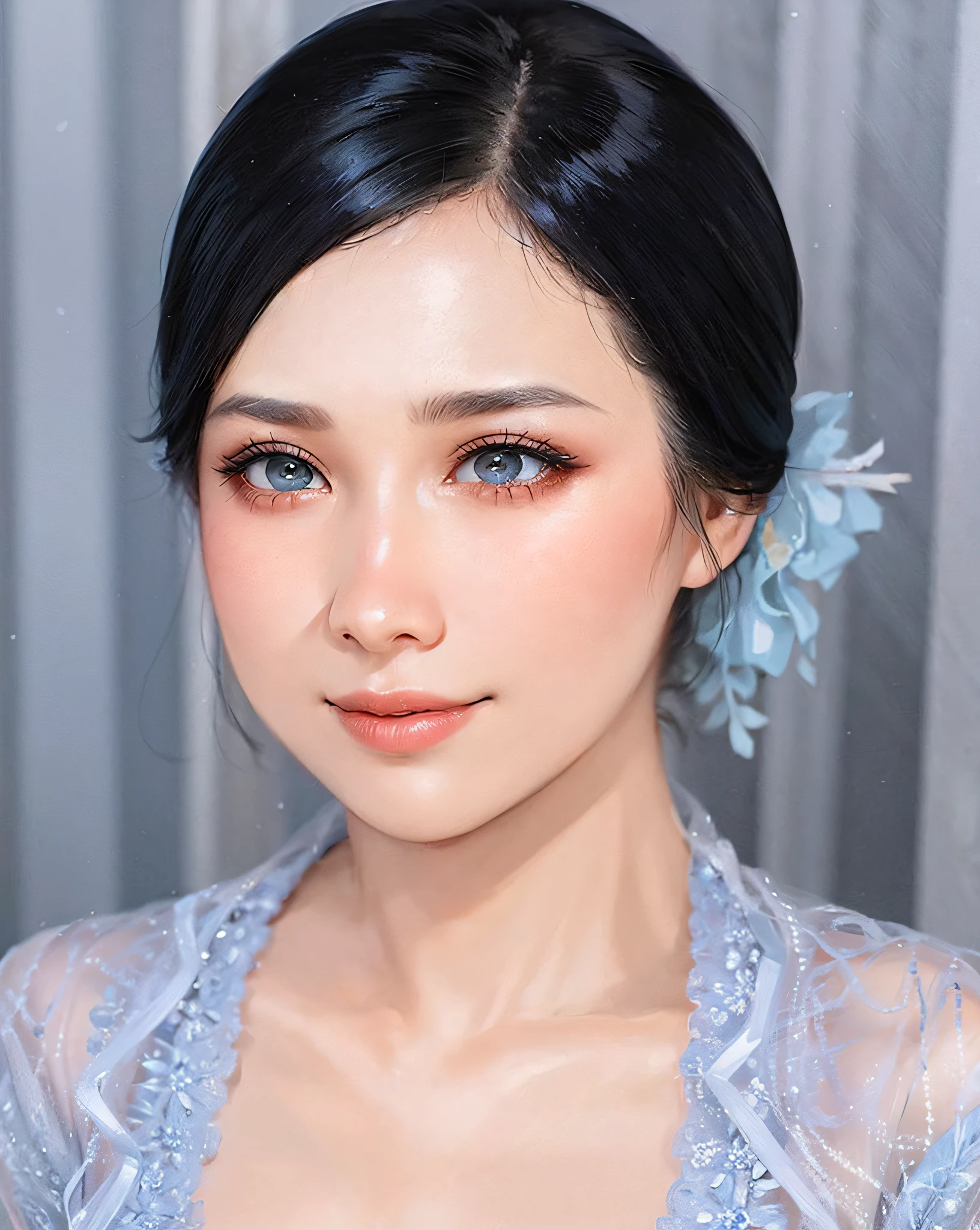 a close up of a woman with a flower in her hair, with professional makeup, grey and blue theme, close up potrait, traditional, bride, blue and grey theme, stunning portrait, traditional art, blue toned, pastel blue, south east asian with round face, traditional makeup, makeup, pastel, semi realism, traditional beauty, bluish and cream tones