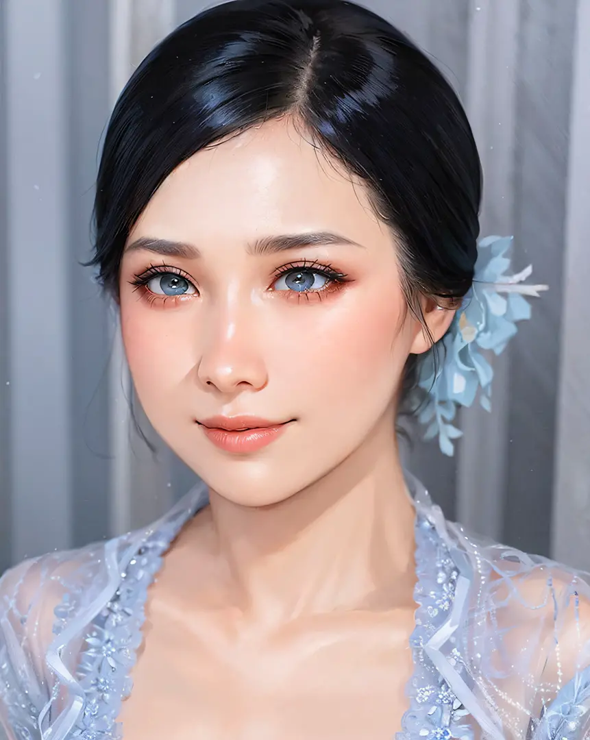 a close up of a woman with a flower in her hair, with professional makeup, grey and blue theme, close up potrait, traditional, b...