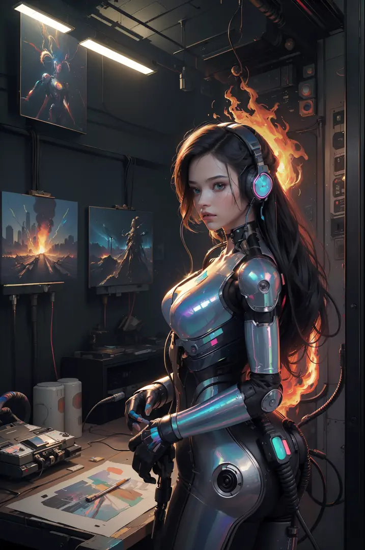 (masterpiece, best quality, highres, absurdres, detailed:1.2), humanoid, robot, wearing headphones, looking away, (cyberpunk, ar...