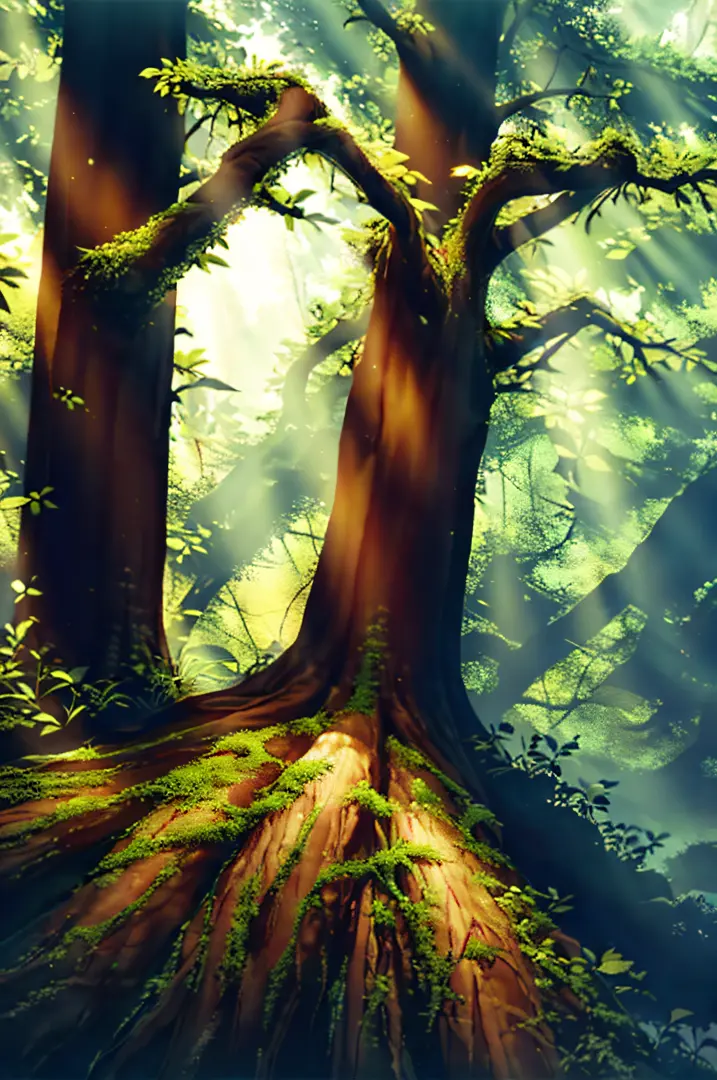 tree, forest, redwood. Caravaggio. Dark colors. nature only