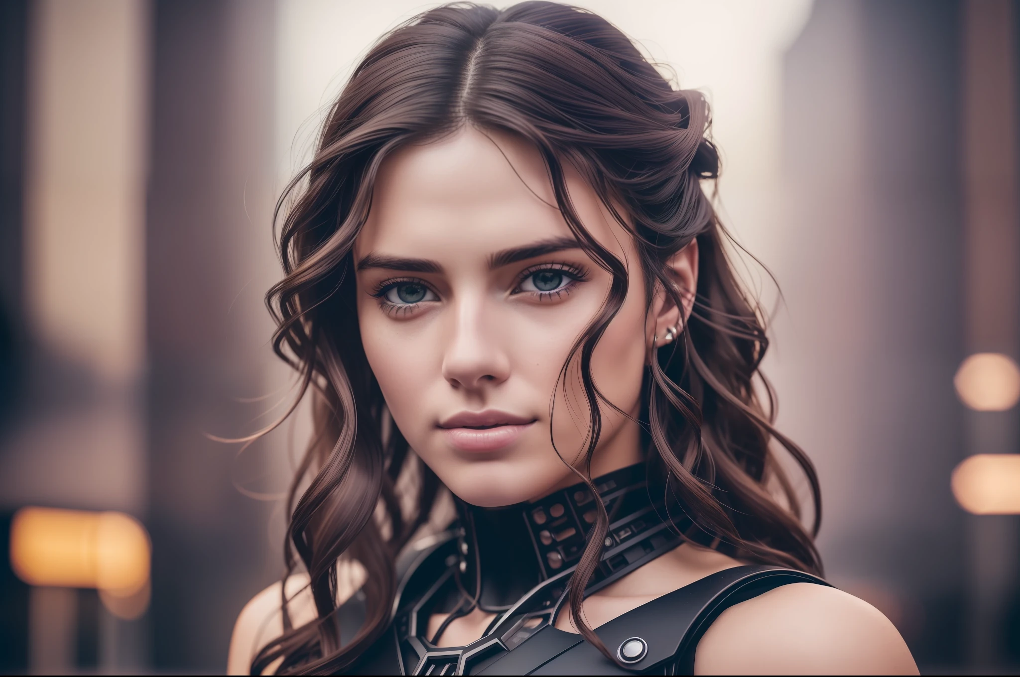 Full face portrait photo of a 25-year-old European girl, RAW, beautiful woman, semi-open strawberry lips, dimples, wistful look, (extra long wavy brown hair), ((detailed face)), ((detailed facial features)), (finely detailed skin), pale skin, (deep neckline detailed high-tech cyberpunk dress), cyberpunk megacity environment, (cool colors), damp, damp, reflections, (masterpiece) (perfect proportion)(realistic photo)(best quality)  (detailed) shot on a Canon EOS R5, 50mm lens, F/2.8, HDR, (8k) (wallpaper) (cinematic lighting) (dramatic lighting) (sharp focus) (intricate), RAW photo, RAW photo, gigachad photo, posing for camera, black jeans, back arms, 8k uhd, dslr, high quality, grain film, Fujifilm XT3, film stock photography 4 kodak portra 400 camera f1.6 lens rich colors hyper realistic texture dramatic lighting unrealengine trend in artstation cinestill  800 tungsten, toughboy style, ultra focus face, intimidating, in fighting position, short messy hair, muscular, bursting veins, beaded --auto --s2