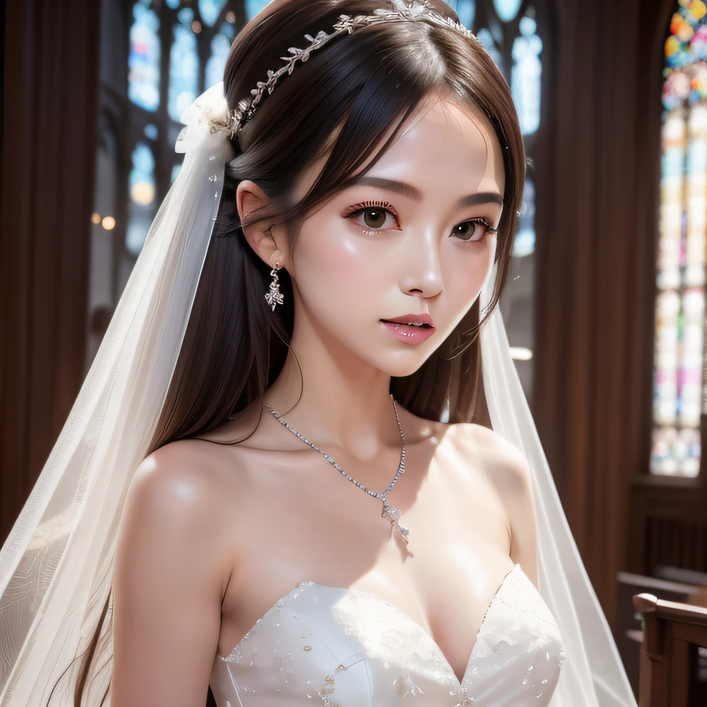 The bride with the perfect female body who walked into the church, delicate face, high nose, bright eyes, soft lip shape, holding a bouquet of flowers, white transparent silk scarf on her head, accessories (bracelets, necklaces, earrings, bracelets), shoulder-length hair, light makeup, medium breast size, wearing half jacket, selfie, Canon EOS clear facial features, 8K high resolution, clear and realistic details.