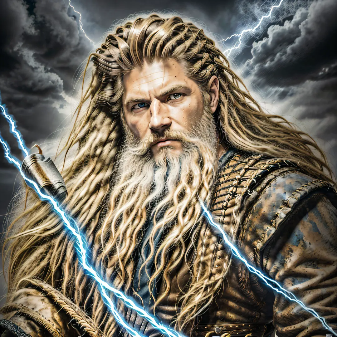 a man with long hair and a beard standing in front of lightning, painted portrait of rugged zeus, furious god zeus, the god of t...