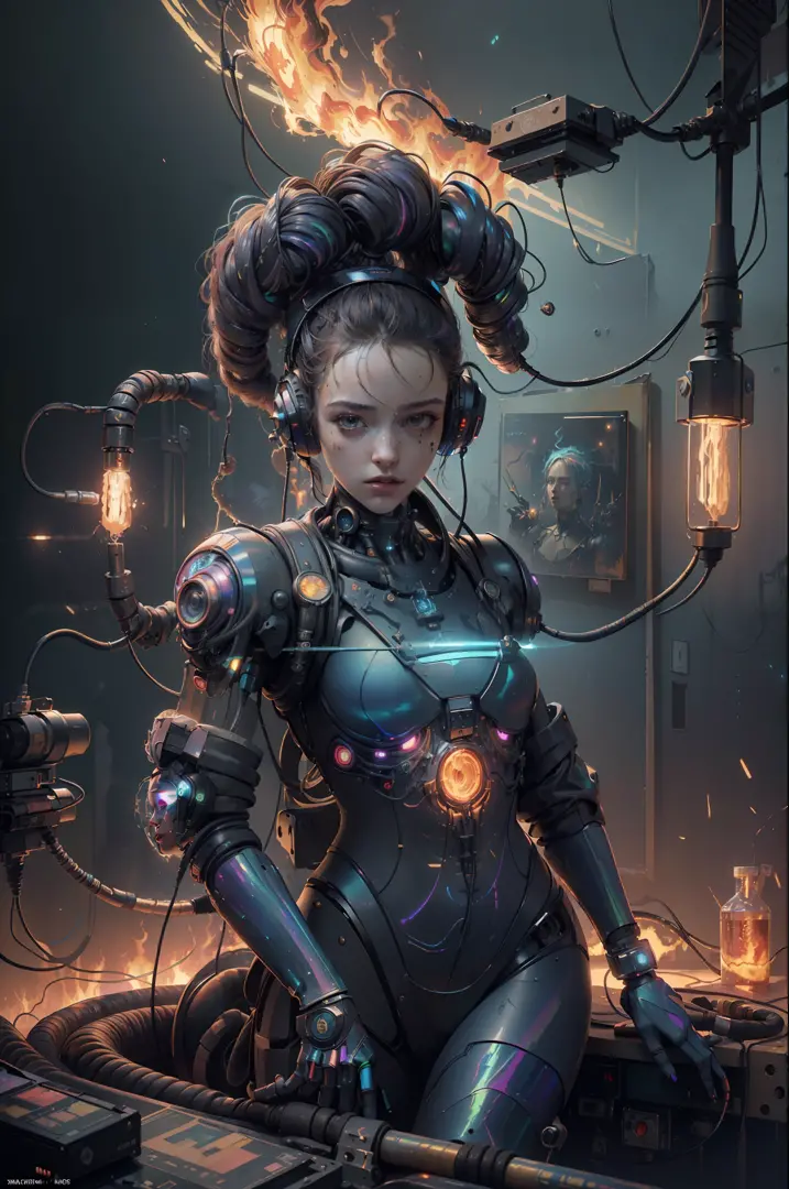 (masterpiece, best quality, highres, absurdres, detailed:1.2), humanoid, robot, wearing headphones, looking away, (cyberpunk, ar...