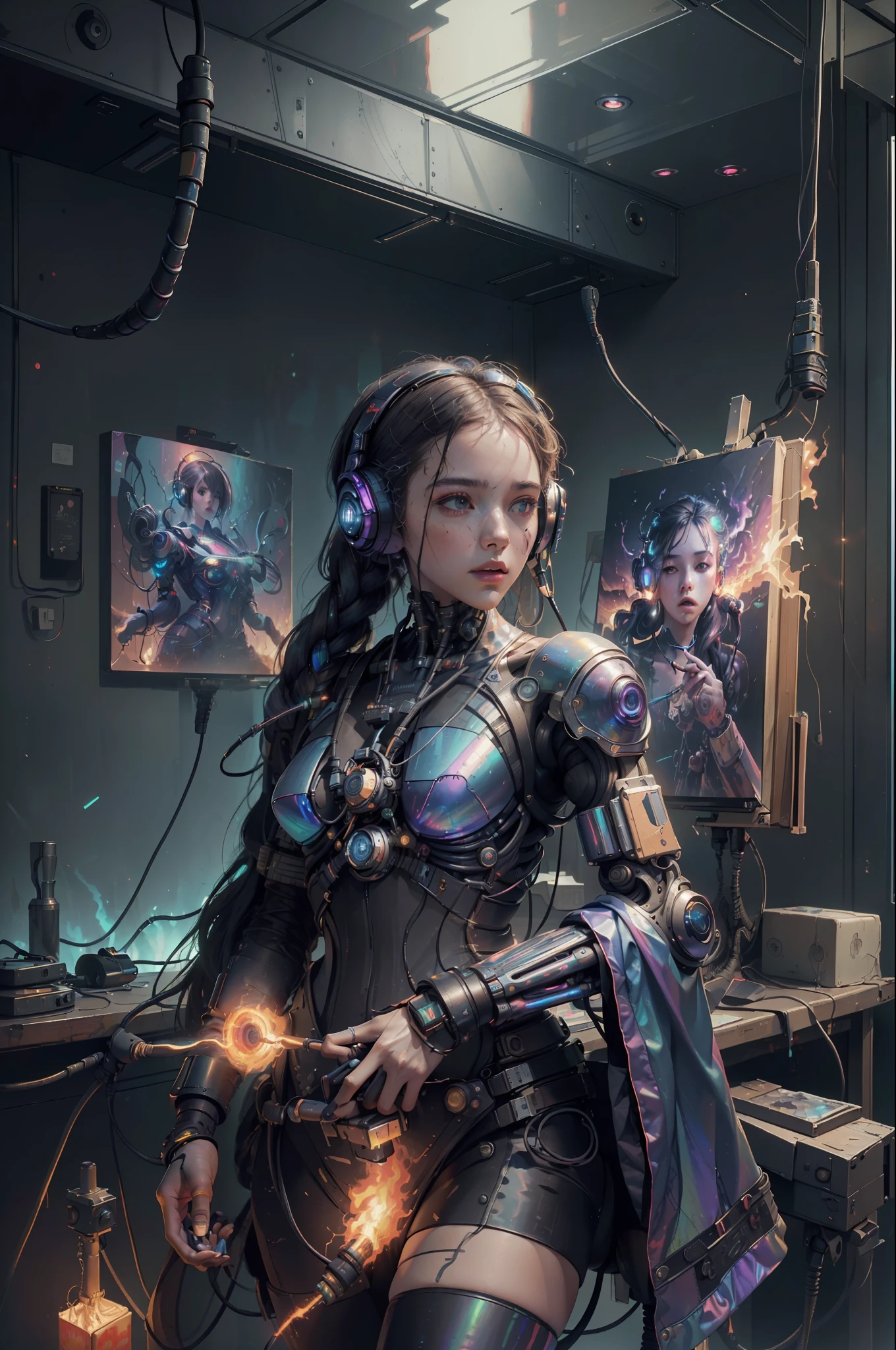 (masterpiece, best quality, highres, absurdres, detailed:1.2), humanoid, robot, wearing headphones, looking away, (cyberpunk, art canvas, paint brush, easel, iridescent, holographic: 1.6), (cables, wires, flames, fire, smoke, overheat, explosion, indoors, room, simple background)