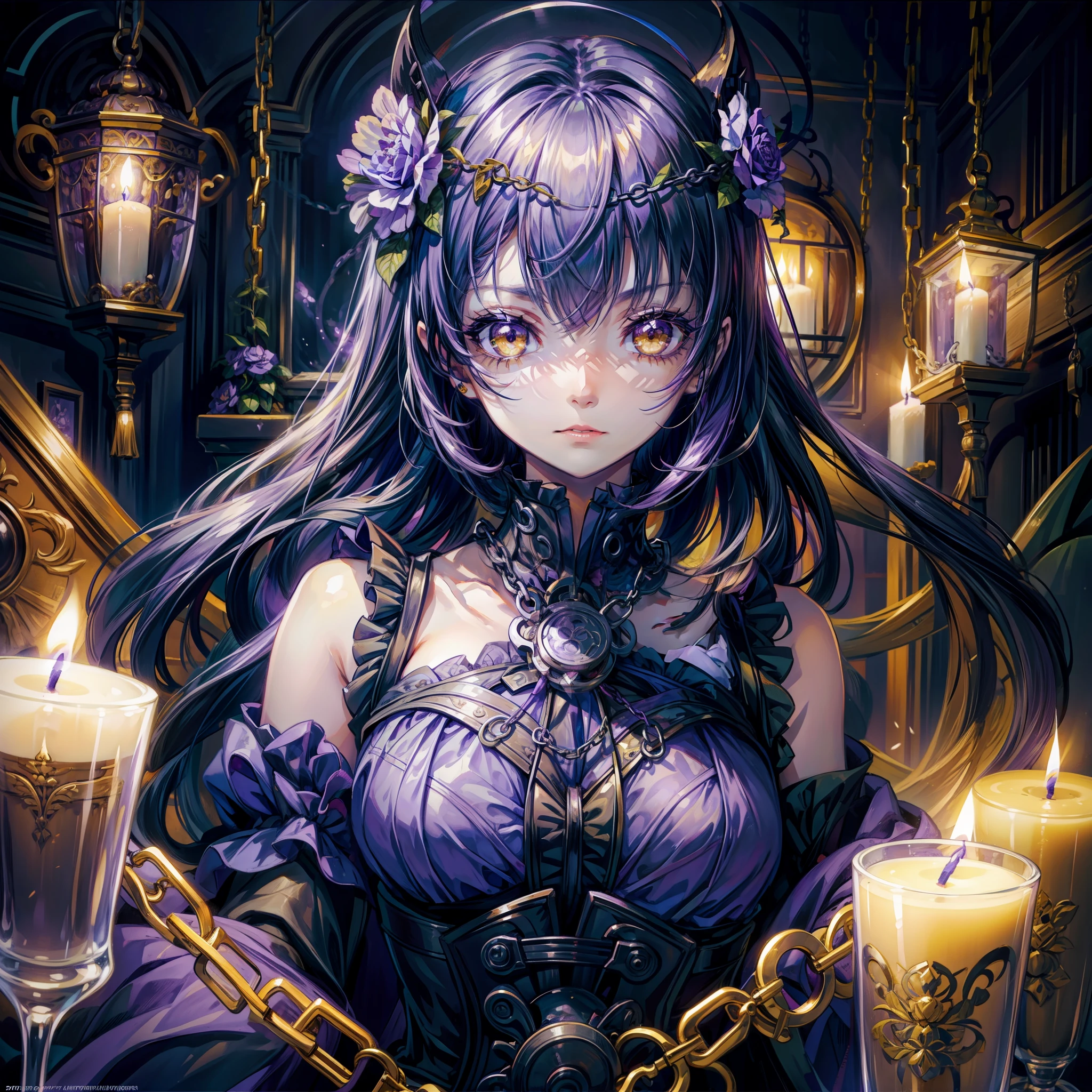 Girl in purple flowers, yellow eyes. Cute face. Serious, eerie, scary, darl room, dark lighting, night , candles, chains, bricks