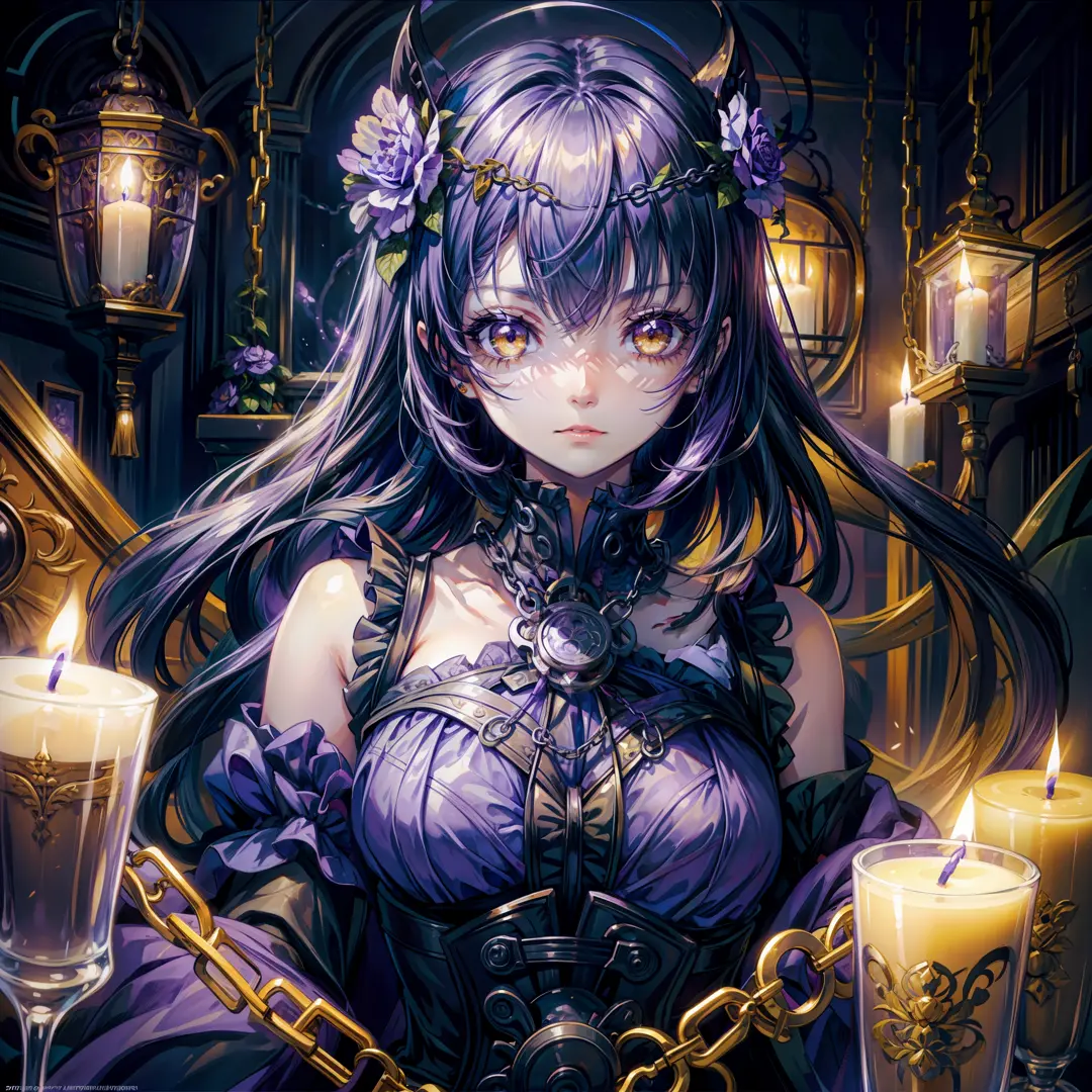 girl in purple flowers, yellow eyes. cute face. serious, eerie, scary, darl room, dark lighting, night , candles, chains, bricks