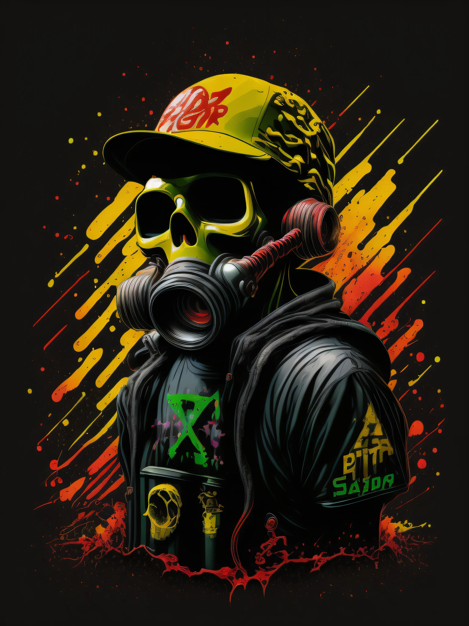 pixador skeleton with gas mask and cap, splash, spray, tracks, 80's, vector image, t-shirt design, isolated, black background, illustration, use only yellow and red green colors, with letters "TDR" highlighted
