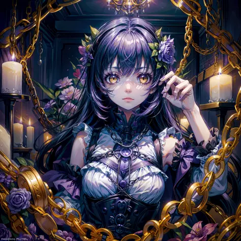 Girl in purple flowers, yellow eyes. Cute face. Serious, eerie, scary, darl room, dark lighting, night , candles, chains, bricks
