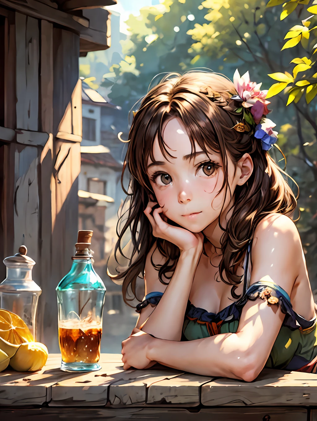 (masterpiece), (best quality), detailed, portrait of 1girl on terrace, sitting behind the table, hands on table, upper body, brown hair, bright, 8k, valley background, sunny
