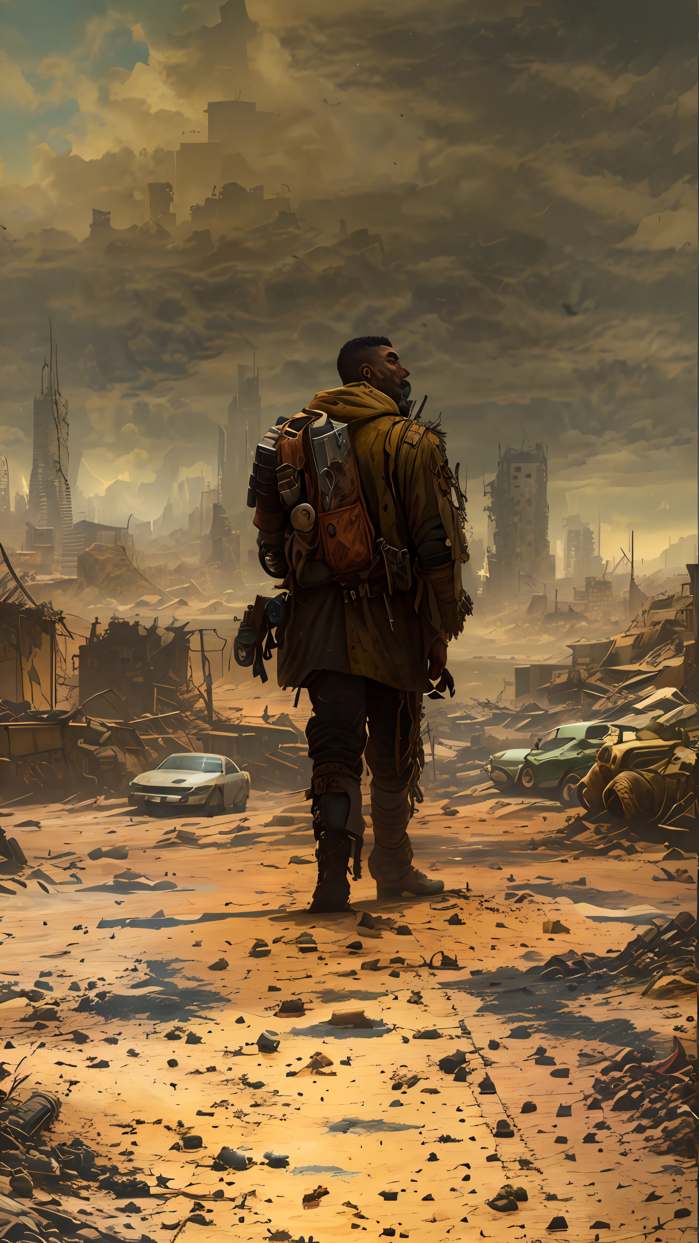 arafed man walking in a ruined city with a dog, in postapocalypse city, in a post-apocalyptic wasteland, post - apocalyptic, post-apocalyptic, post apocalyptic, in a post apocalyptic setting, in a post apocalyptic city, post apocalyptic world, destroyed city in the background, postapocalyptic, post-apocalypse, post - apocalypse