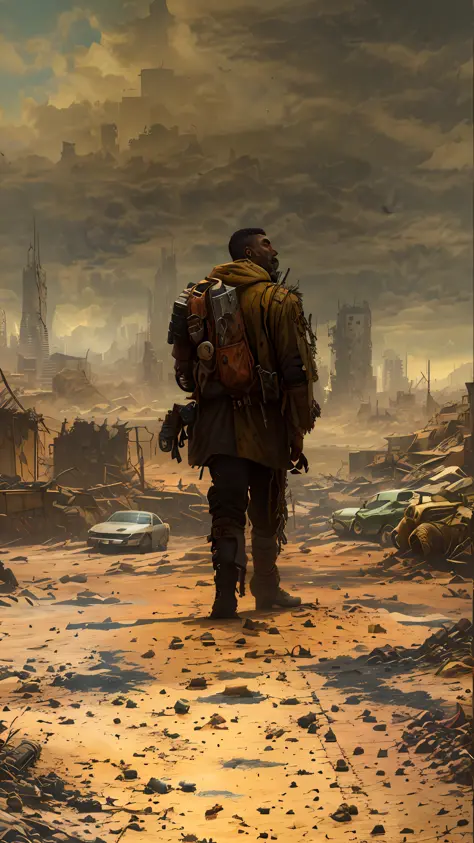 arafed man walking in a ruined city with a dog, in postapocalypse city, in a post-apocalyptic wasteland, post - apocalyptic, pos...