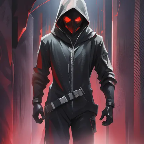 a strange mysterious hooded man with a full metal mask hiding his face is glowing an erratic unstable red whilst both of his arm...