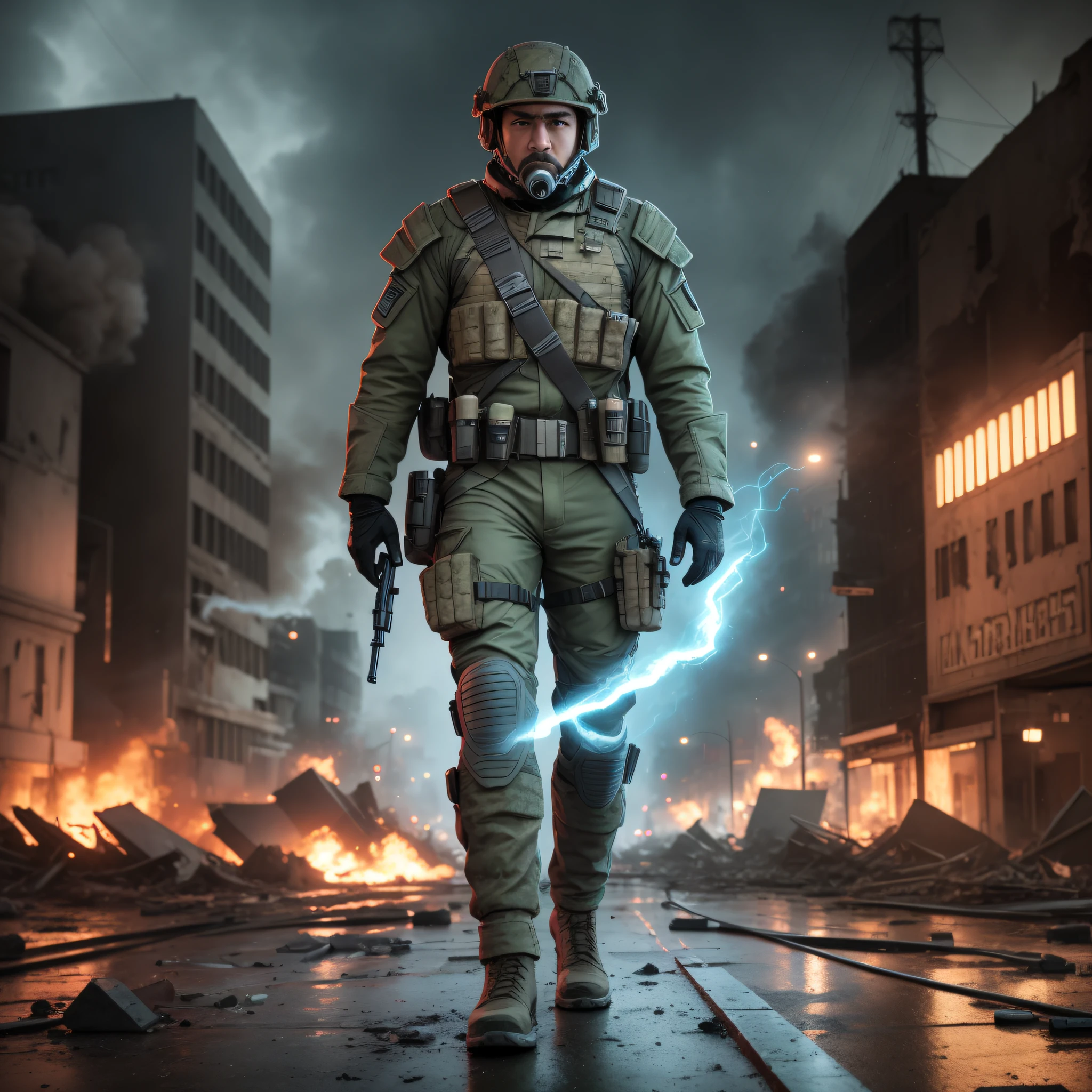 man, 4k, high resolution, detailed face, soldier, standing in destroyed city, hyperdetailed, smoke, (8k), realistic, symmetrical, award-winning, cinematic lightning, film, 75mm, two-tone lighting, sharp focus, teal hue, octane, unreal, dimly lit, low key --auto --s2