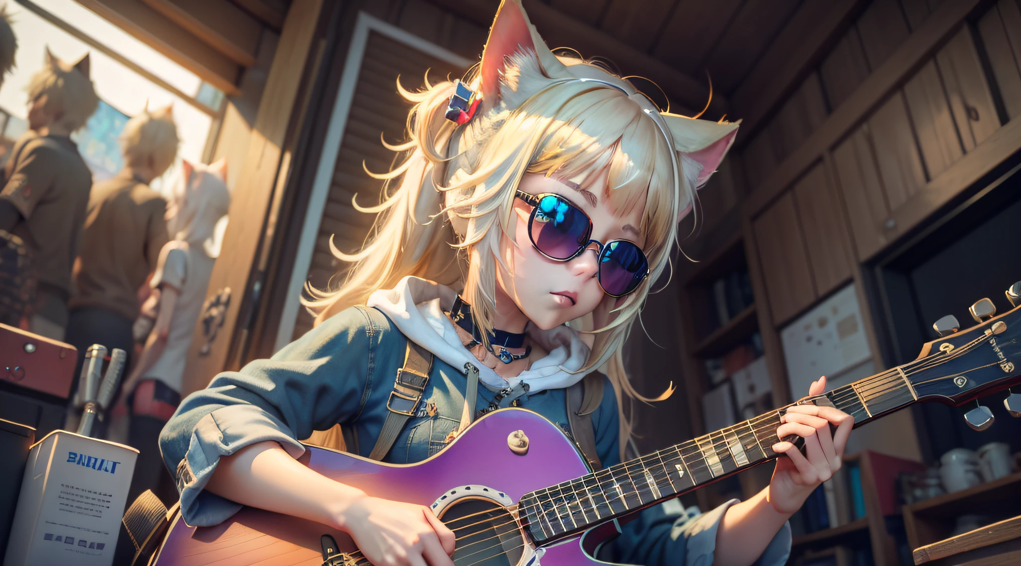 blond haired girl with cat ears and sunglasses holding a guitar, artwork in the style of guweiz, ross tran 8 k, beautiful young catgirl, beautiful anime catgirl, anime girl with cat ears, girl with cat ears, guweiz, detailed digital anime art, ross tran style, anime catgirl, catgirl, realistic anime 3 d style