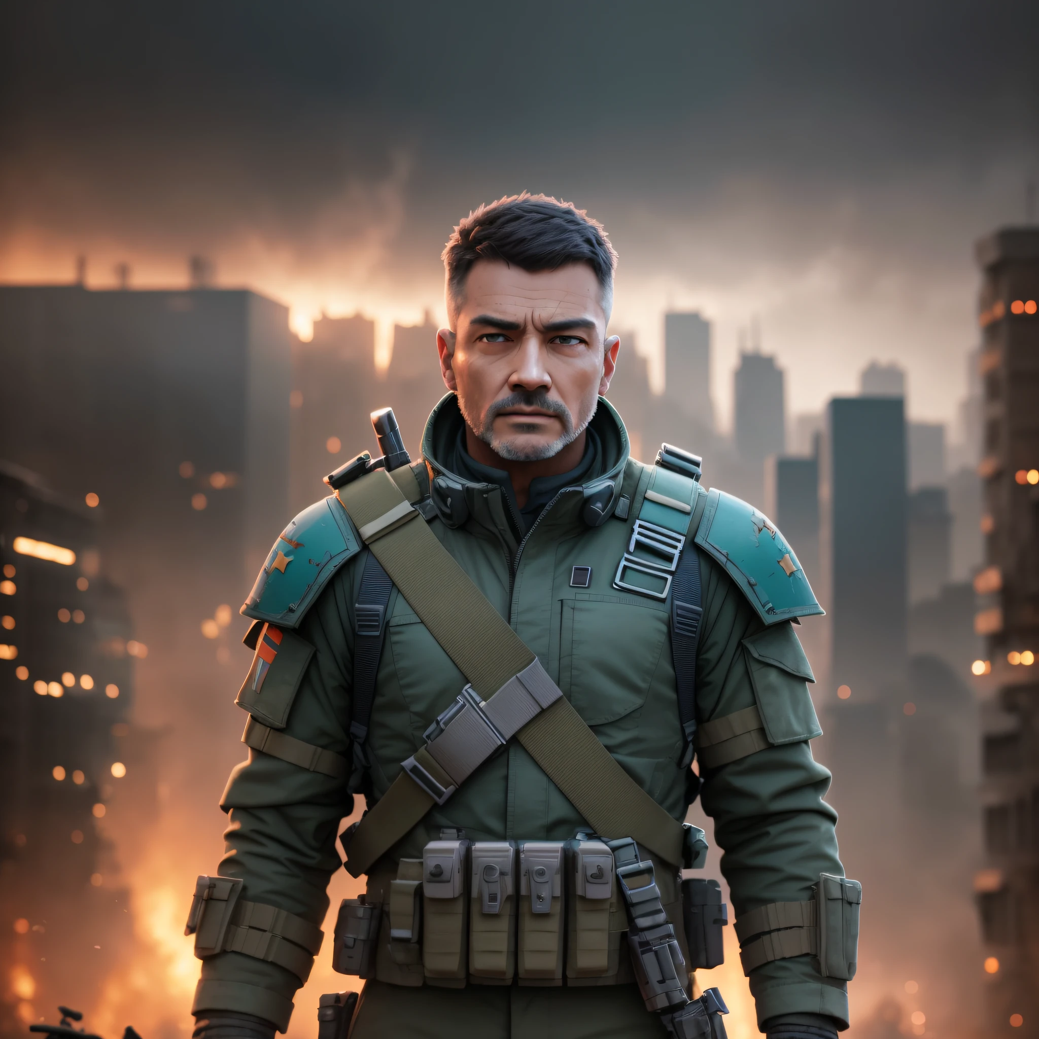 man, 4k, high resolution, detailed face, soldier, standing in destroyed city, hyperdetailed, smoke, (8k), realistic, symmetrical, award-winning, cinematic lightning, film, 75mm, two-tone lighting, sharp focus, teal hue, octane, unreal, dimly lit, low key --auto --s2