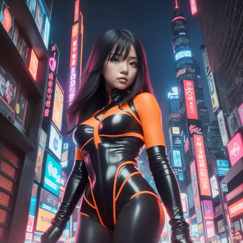 Young asian woman in shiny orange futuristic clothes as cyberpunk character in neonninja style, futuristic city. Orange neon color, young gravure idol, sensual gravure, sexiness and coolness, provocative look, night, glittering neon, futuristic, concept ar...