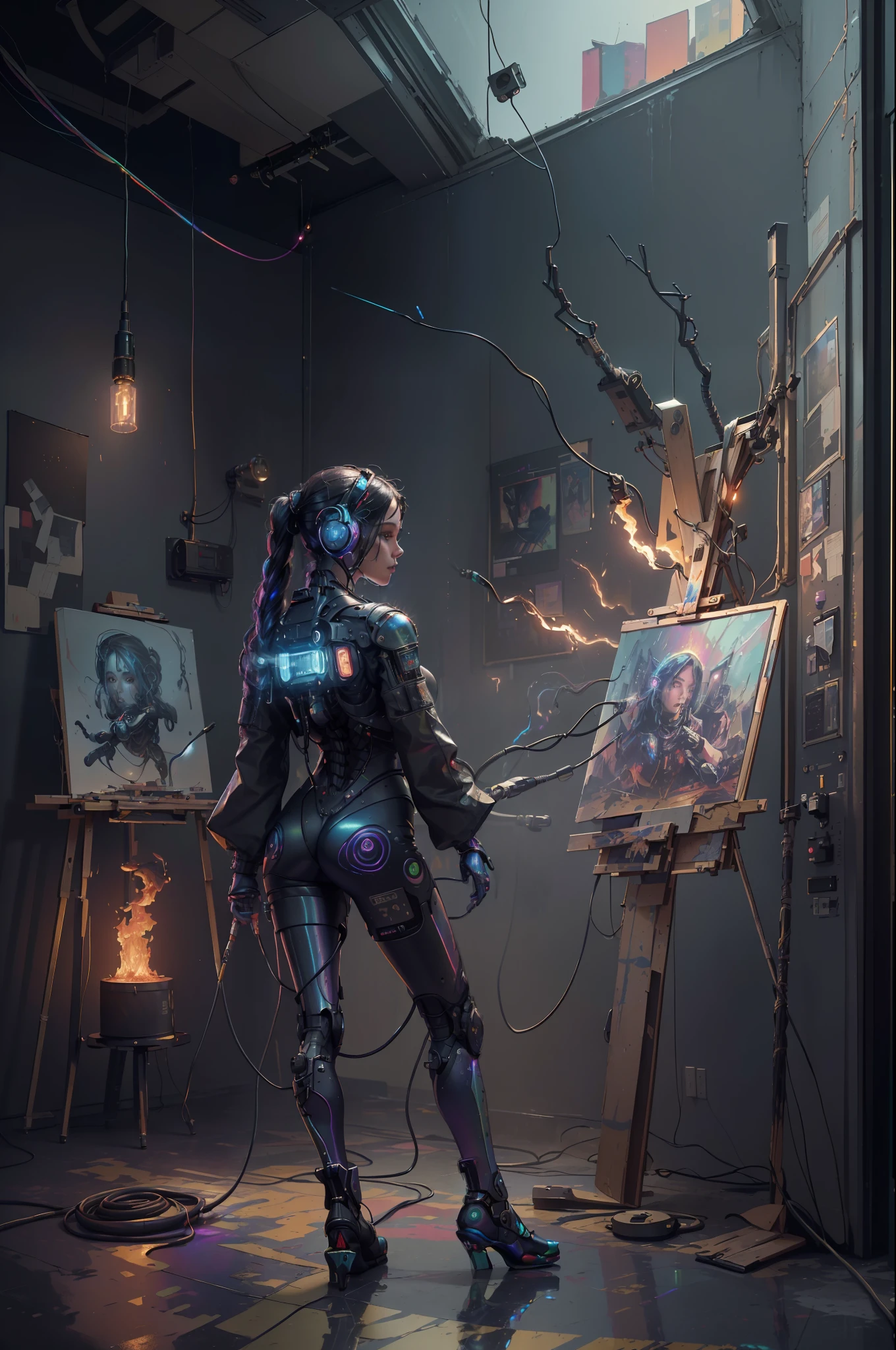 (masterpiece, best quality, highres, absurdres, detailed:1.2), humanoid, robot, wearing headphones, looking away, (cyberpunk, art canvas, paint brush, easel, iridescent, holographic: 1.6), (cables, wires, flames, fire, smoke, overheat, explosion, indoors, room, simple background)