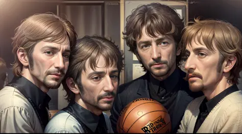 John Lennon, Paul McCartney, George Harrison and Ringo Starr basketball players. ultra-realistic, skin texture, movie light, award-winning photography, artwork, perfect face, flawless, detailed, no mutation, image perfection.
