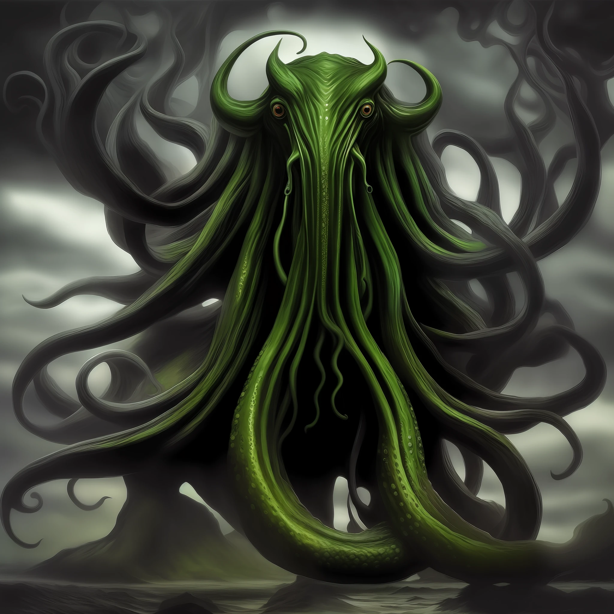 cthulhu, horreur style, horreur, gothique, sombre, sombre, big monster cthulhu, Réaliste, chef-d&#39;œuvre, giant squid cthulhu, terreur psychologique.