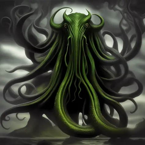 cthulhu, horror style, horror, gothic, dark, dark, big monster cthulhu, realistic, masterpiece, giant squid cthulhu, psychologic...