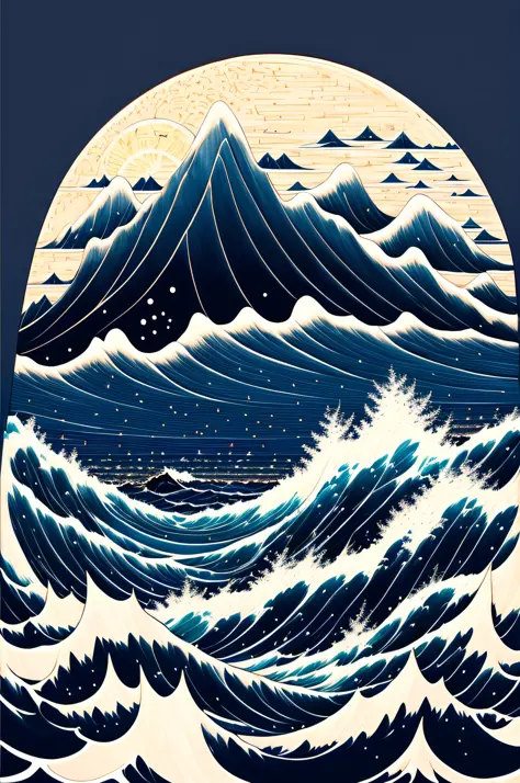 Intricate painting of a detailed ocean, japanese, distant ships on the horizon, by range murata, a big dark blue moon in the background, night, sparse clouds, vivid colors, high contrast, mountain scape, vector line art, trending in pixiv, anime concept ar...