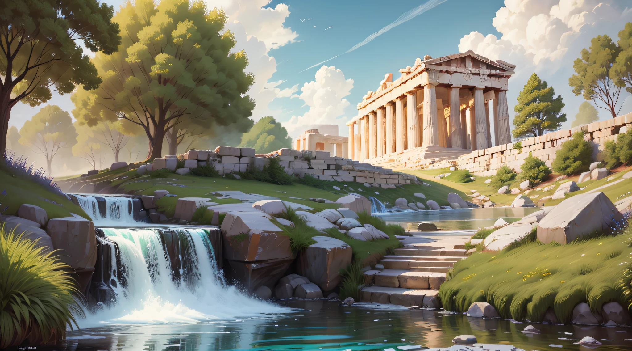 Make a kind of Parthenon with a stream in front, ultra-realistic ...