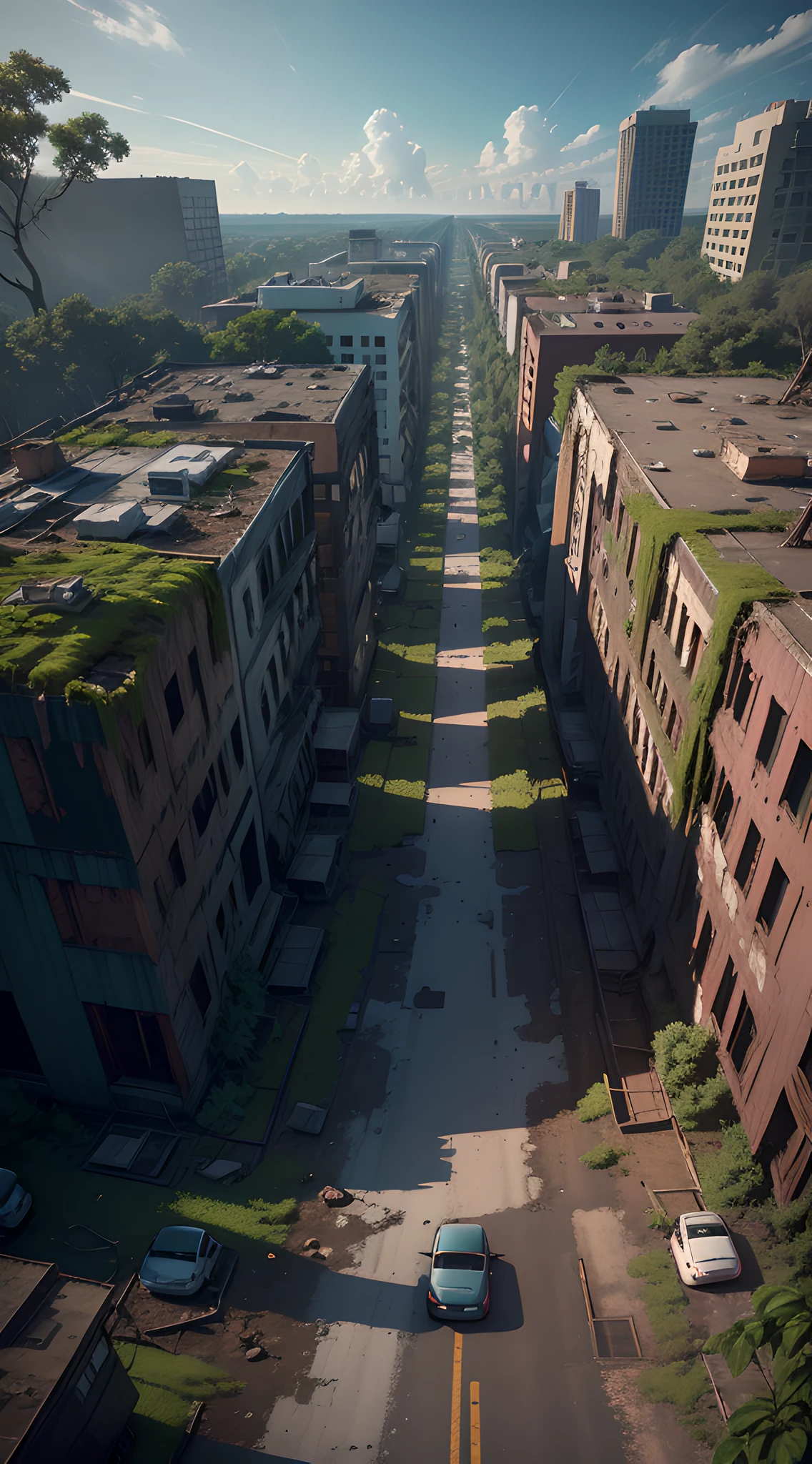 Créez une photographie 8K professionnelle qui transporte les spectateurs dans la ville abandonnée de Centralia. Utilisez un angle de caméra faible pour capturer la grandeur des structures en ruine. Ajouter des éléments de la nature envahissant les bâtiments, comme les plantes rampantes et les arbres poussant à travers les fissures, pour transmettre le sentiment d&#39;une ville consommée par la nature.