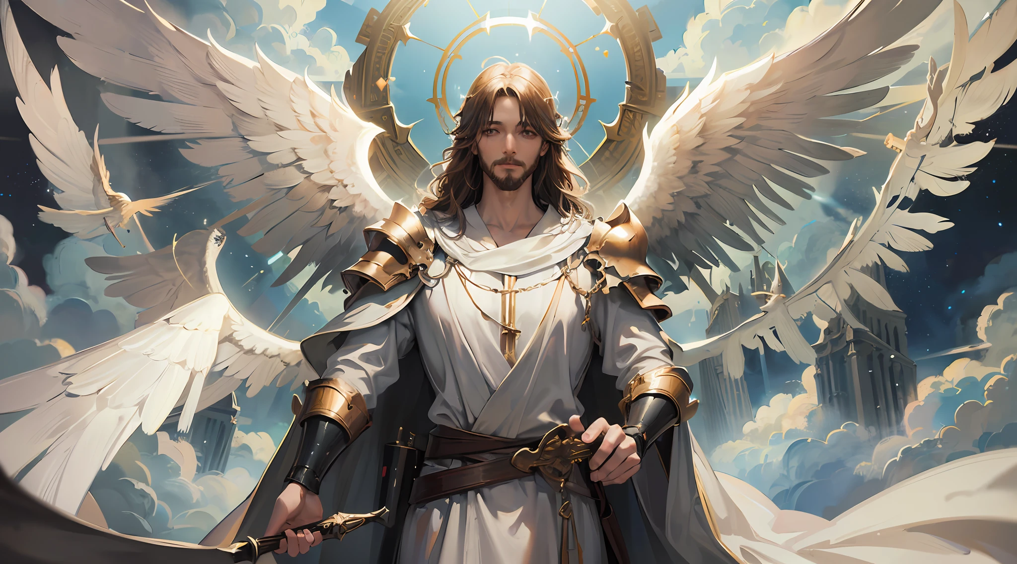 (Man in robes of glory descending amid the clouds, jesus christ, creator of the universe), (angels, armor, wings), artistic, superior lighting, hyper-detailed, hyper-realistic, 16K, masterpiece --auto --s2