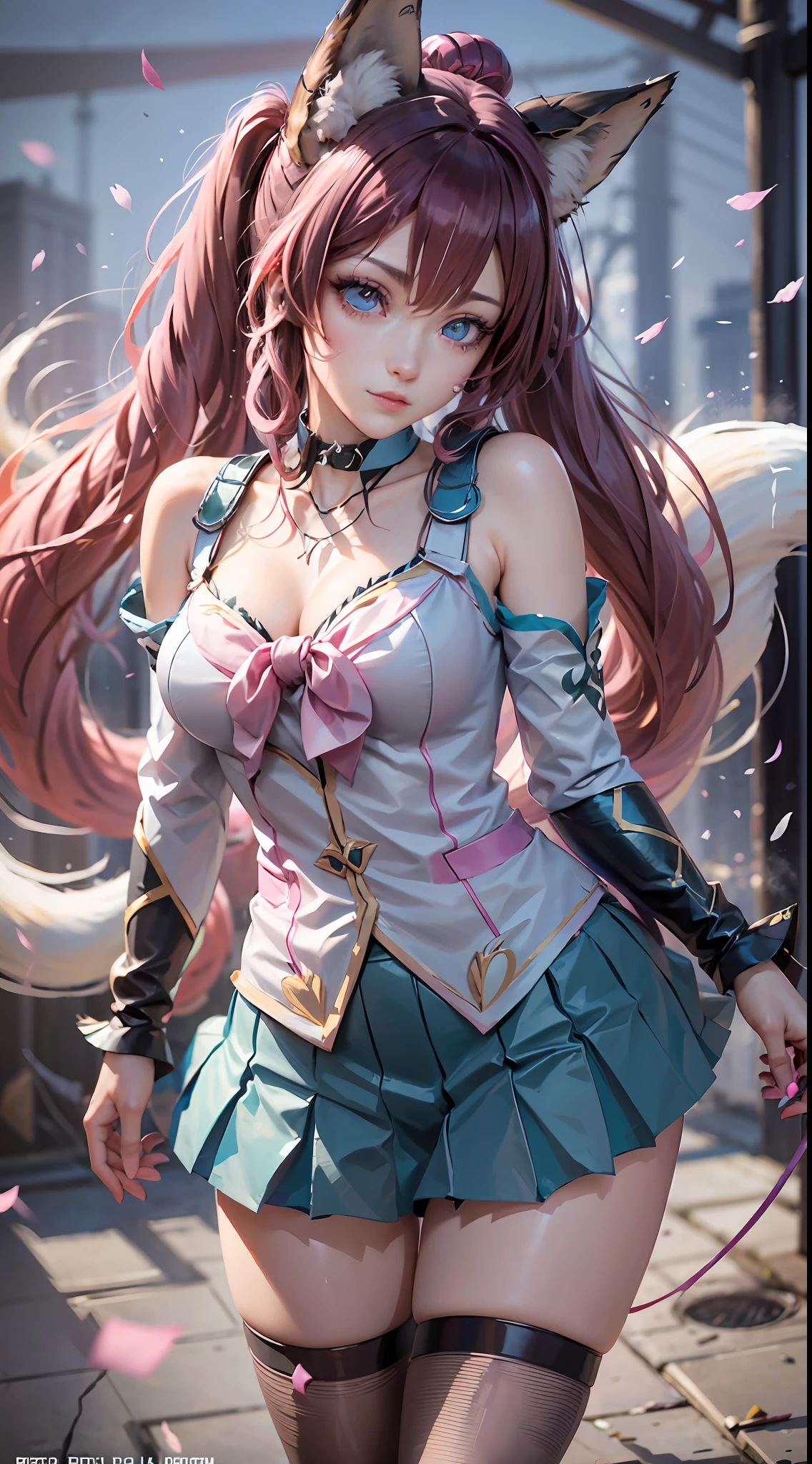 (League of Legends) Tanuki, Pink Magic, Pink Magic Crystal Ball in Hand, Pink, Pink Crystal Ball, Big Pink Eyes, Multiple Poses, Feet, Princess Dress, Three Lines on Each Cheek, (Masterpiece), (Best Quality), Highly detailed, HDR, 1girl, Solo Focus, Skindentation, Pantyhose, Perfect Face, Puffy face, beautiful face, big eyes, puffy eyes, perfect eyes, eyelashes, hatsune miku, extremely detailed face, black hair, , white sailor collar, glazed eyes, sailor collar, blue sky, long sleeves, blue shirt, looking at the audience, closed mouth, cat ears, pleated skirt ((((nine fox tails))))