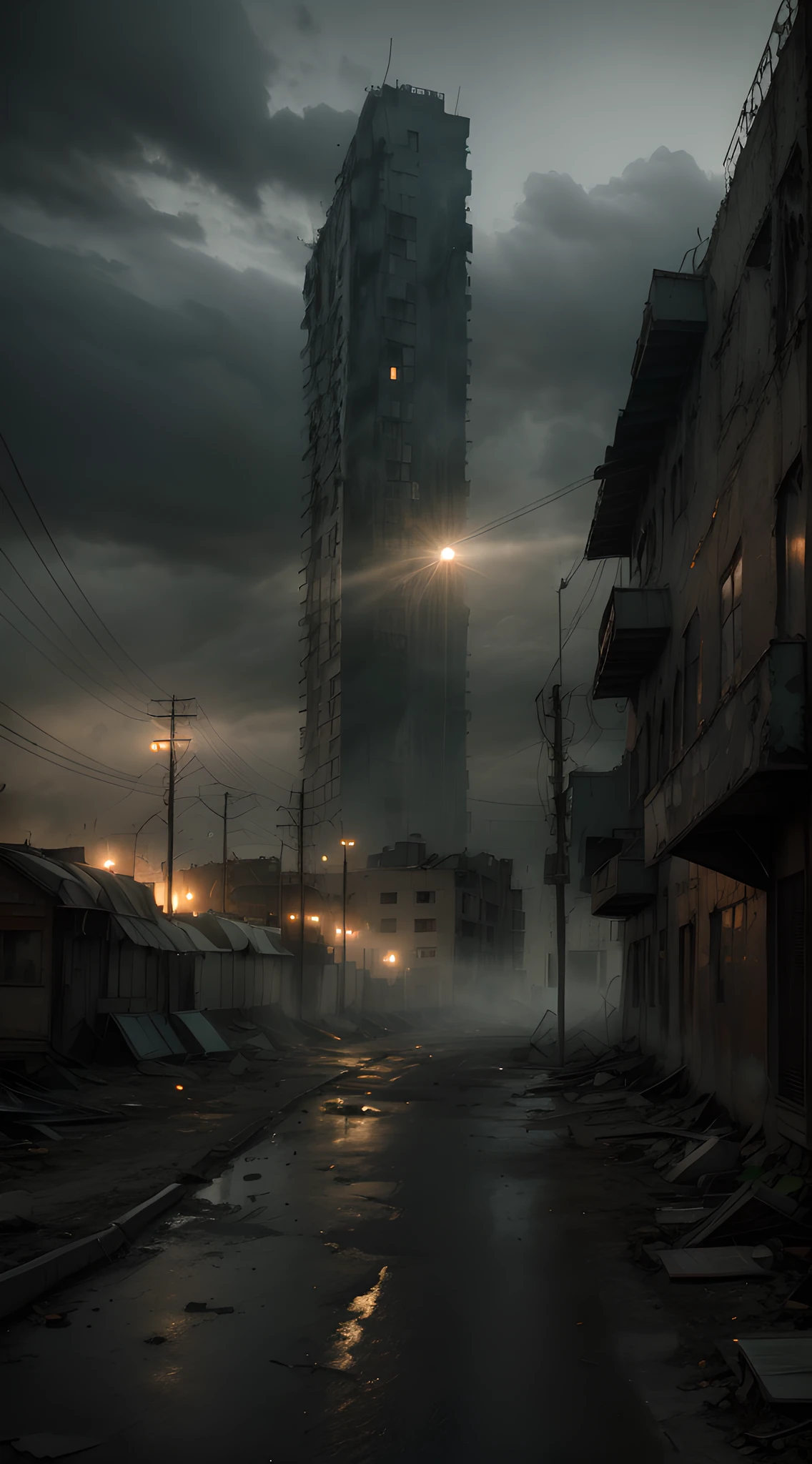 Erstellen Sie ein hochauflösendes (8K) Bild, das Elemente des Films „Terror in Silent Hill“ mit der Geisterstadt Centralia verbindet. Fügen Sie eine Ascheschicht hinzu, die über den leeren Straßen schwebt, und heben Sie einen verlassenen und verfallenen Vergnügungspark als Mittelpunkt hervor. Verwenden Sie dramatische Beleuchtung, mit schwachem Licht und intensiven Schatten, um eine Atmosphäre der Spannung und des Grauens zu schaffen, erinnert an die Atmosphäre des Films