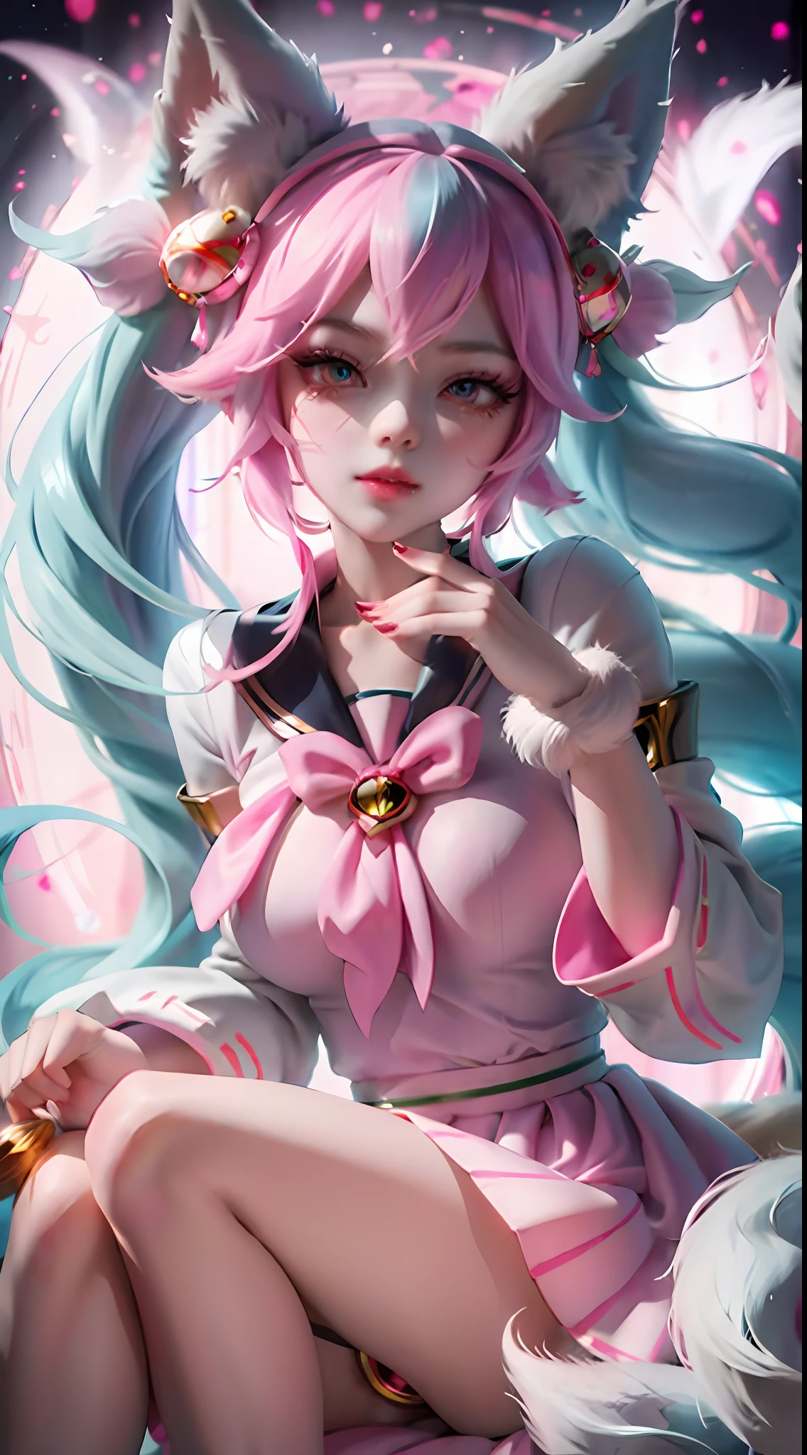 (League of Legends) Tanuki, Rosa Magic, Rosa Magic Crystal Ball in Hand, Rosa, Rosa Crystal Ball, Big Rosa Eyes, Mehrere Posen, Füße, Prinzessinenkleid, Drei Linien auf jeder Wange, (Meisterwerk), (beste Qualität), sehr detailliert, HDR, 1 Mädchen, nur konzentrieren, Hauteinkerbung, Strumpfhose, perfektes Gesicht, aufgedunsenes Gesicht, schönes Gesicht, große Augen, geschwollene Augen, perfekte Augen, Wimpern, hatsune miku, extrem detailliertes Gesicht, Schwarzes Haar, , white Matrosenkragen, Glasige Augen, Matrosenkragen, blauer Himmel, lange Ärmel, Blaues Shirt, Blick ins Publikum, geschlossener Mund, Katzenohren, Faltenrock ((((neun Fuchsschwänze))))