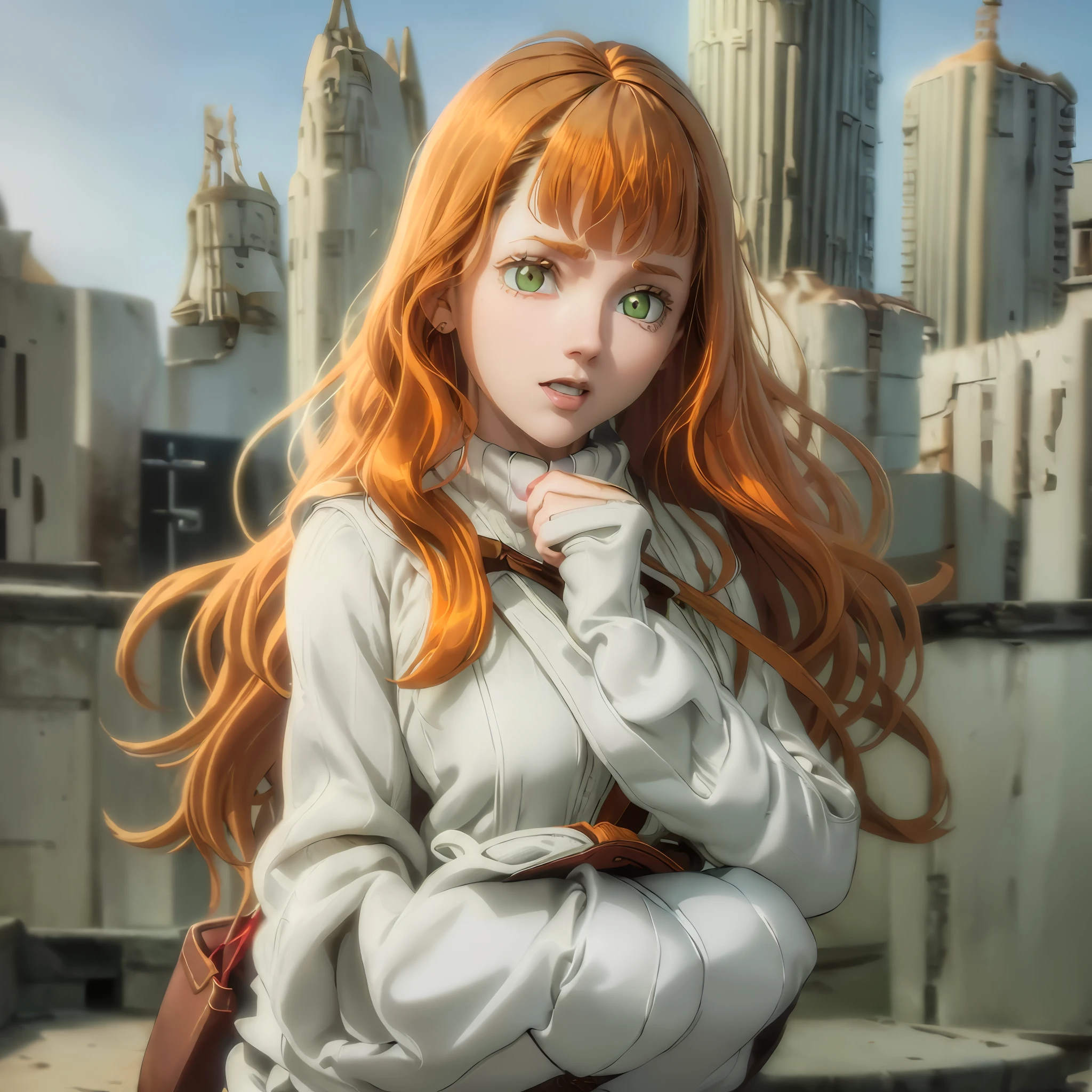 (1girl), (sexy girl), alone, (((detailed face and eyes))),((light green eyes)),(((long straight loose hair)),((soft orange hair)),((extremely red coat)),((brown boots)),((white clothes)), ((brown girdle)),((brown bag)), holding a magic book, 8k, high quality, full HD, busty