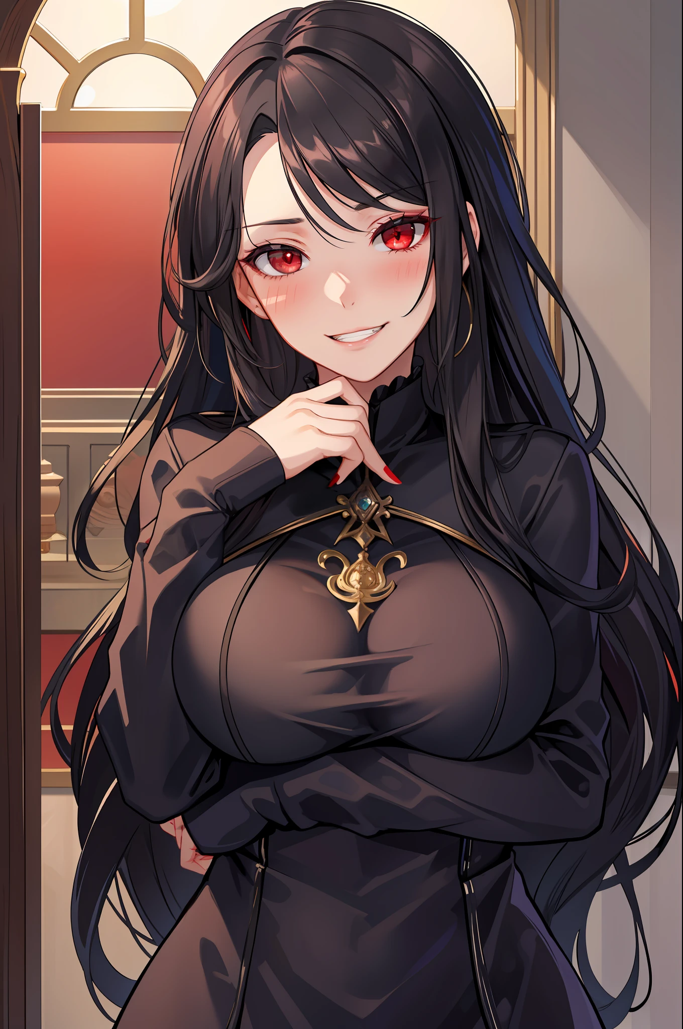 Beautiful, Masterpiece, Best Quality, Extremely Detailed Face, Perfect Lighting, 1girl, black hair, red eyes, evil grin, blush, black lips, 1boy, povbreastgrab, POVBREASTGRAB hands, breast grip, bare breasts
