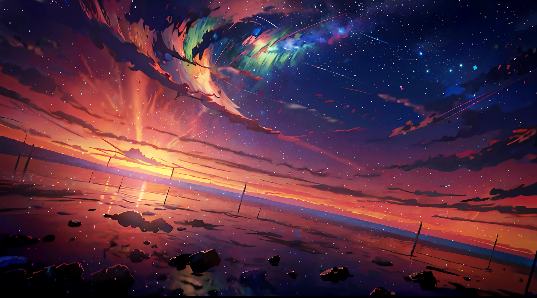 Anime - Stil Szene eines Sonnenuntergangs mit Sternen und Planeten, kosmischer Himmel. von Makoto Shinkai, Sonnenuntergang auf dem fernen Maschinenplaneten, großartiger Hintergrund, Anime Himmel, Anime-Kunst-Tapete 4k, Anime-Kunst-Hintergrundbild 4K, 4K hochdetaillierte digitale Kunst, Anime-Kunst-Tapete 8 k, Ross Tran. malerischer Hintergrund, Anime-Hintergrundkunst, Anime-Tapete 4k