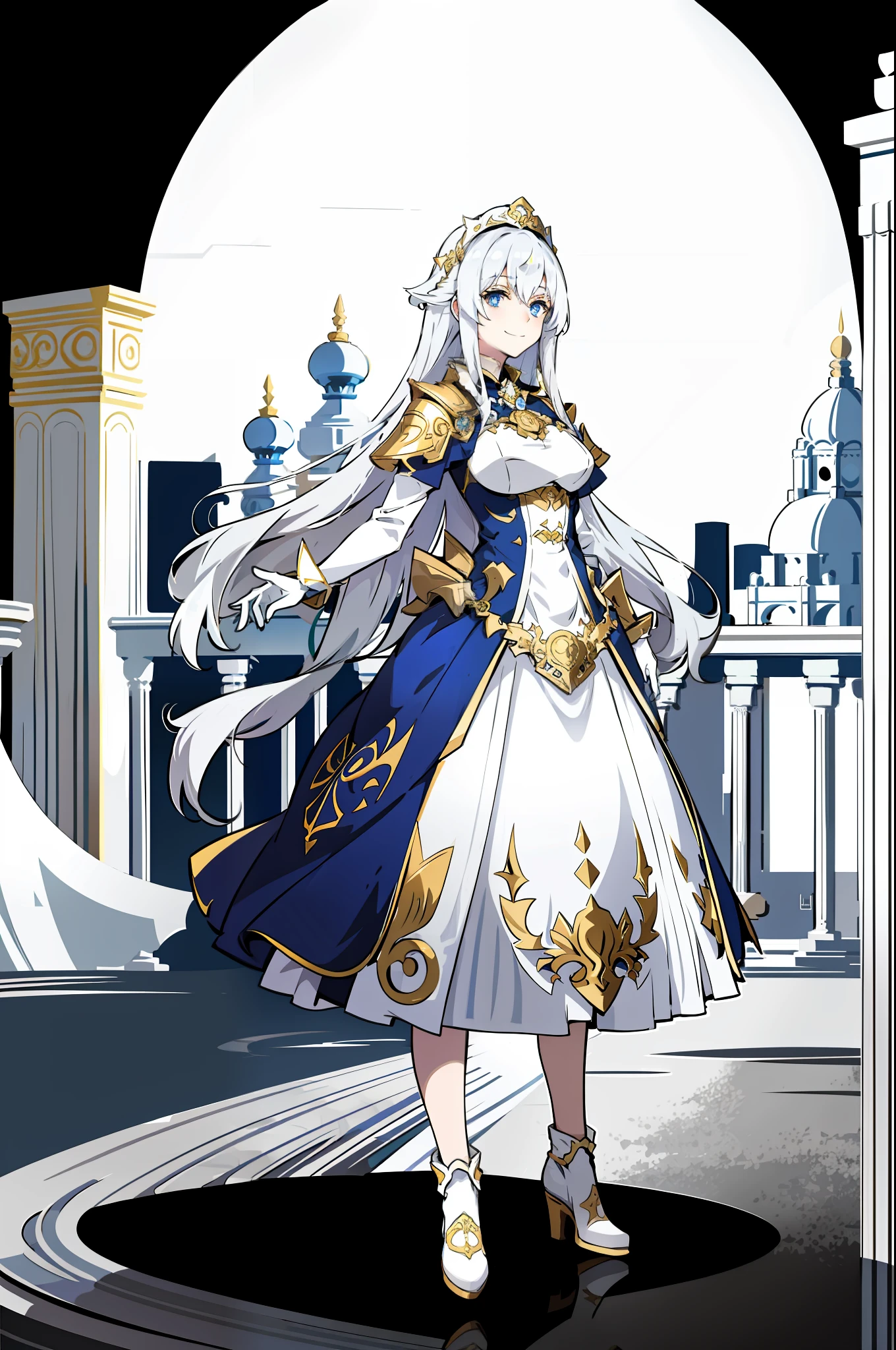 Silver wavy hair, blue eyes, gorgeous white long dress, reverent, beautiful woman, benevolent smile, headdress, gold shoes, anime, temple background, unexposed