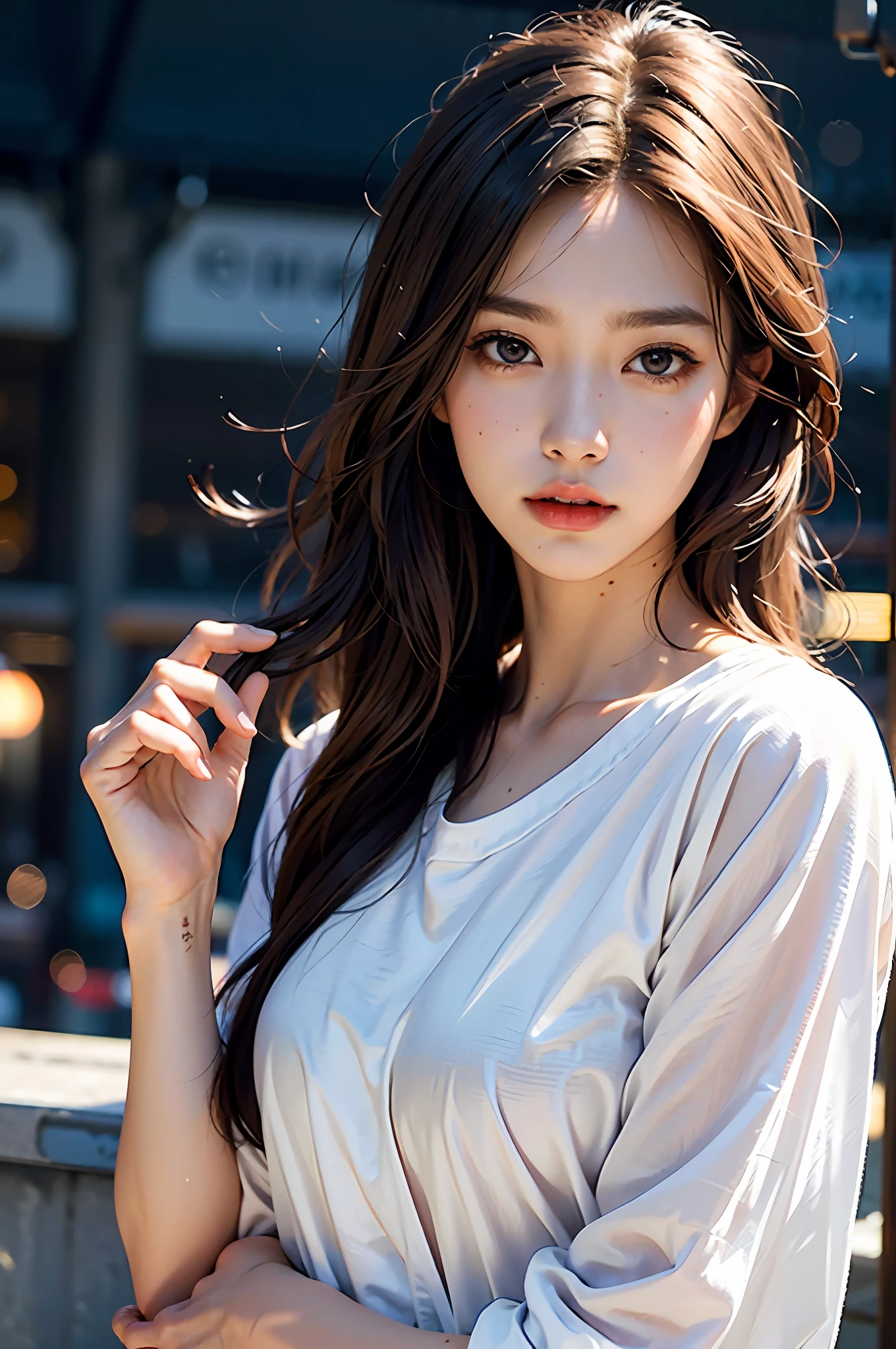 8K, close-up of a woman in a white shirt, big brown eyes, chest:1.2, sleepy, pensive, longeyelashes, brown hair, hair sidelocks, trends on CGstation, Guweiz on ArtStation Pixiv, Guweiz on Pixiv, wlop's style, original photo, Ultra resolution: 1.5, one correct left hand, one correct right hand, one thumb with four fingers, depth of field, Tokyo in the background, night, thin body, slender figure, dynamic lighting, very detailed face, realistic: 1.5