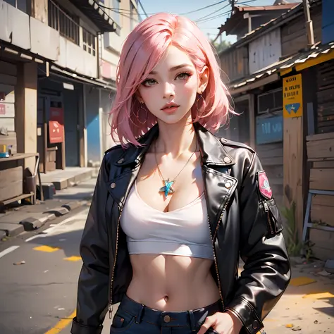 (masterpiece, best quality, ultra-detailed, highres, best illustration), perfect face, ((solo, solo focus)), side lighting, glossy skin, (bloom), (brightness), ray tracing, 1girl, jewelry, solo, earrings, jacket, pants, navel, midriff, pink hair, breasts, ...