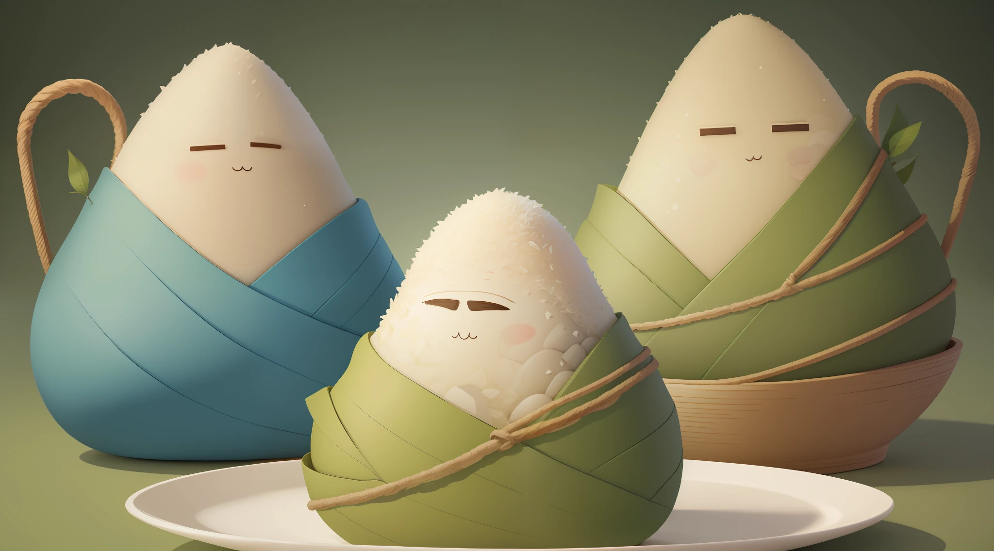 A stunning and realistic depiction of several zongzi wrapped in bamboo leaves and white rope arranged in the shape of a mountain, the bamboo leaves gradually change in blue, cyan and green tones, and the rice balls are also mixed with various grains and present rich colors, reminiscent of the famous ancient Chinese painting "A Thousand Miles of Rivers and Mountains". The zongzi are well-made and every detail is captured with amazing clarity. The simple background gives zongzi a central position in this high-quality and beautiful photo, with long wooden plates placed on a wooden table. food photography, masterpiece, 3D, UHK, 16K, lots of detail, realism, masterpiece, 3D, UHK, 16K